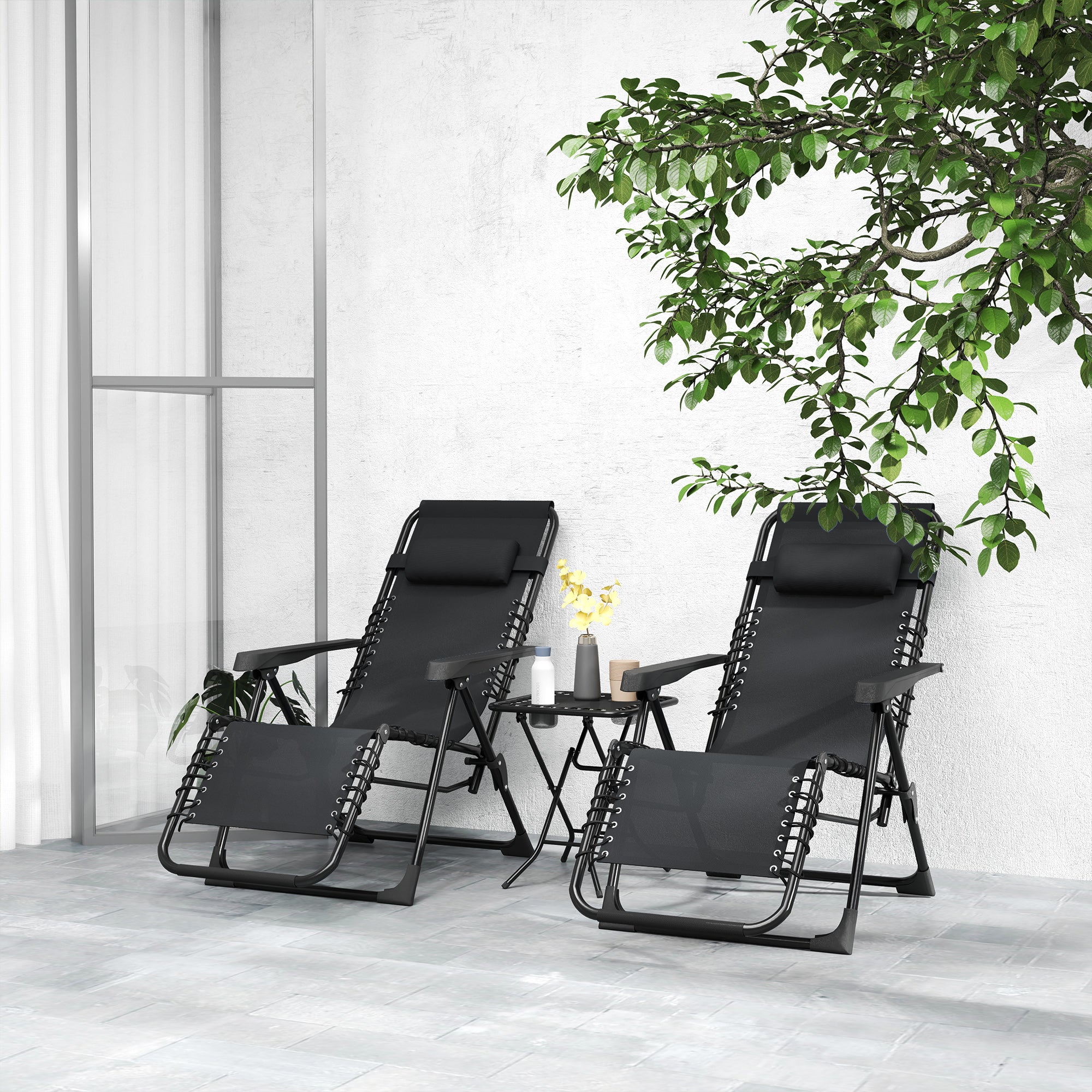 Outsunny Set of 2 Zero Gravity Folding Lounge Chairs with Adjustable Backrest and Table, Black