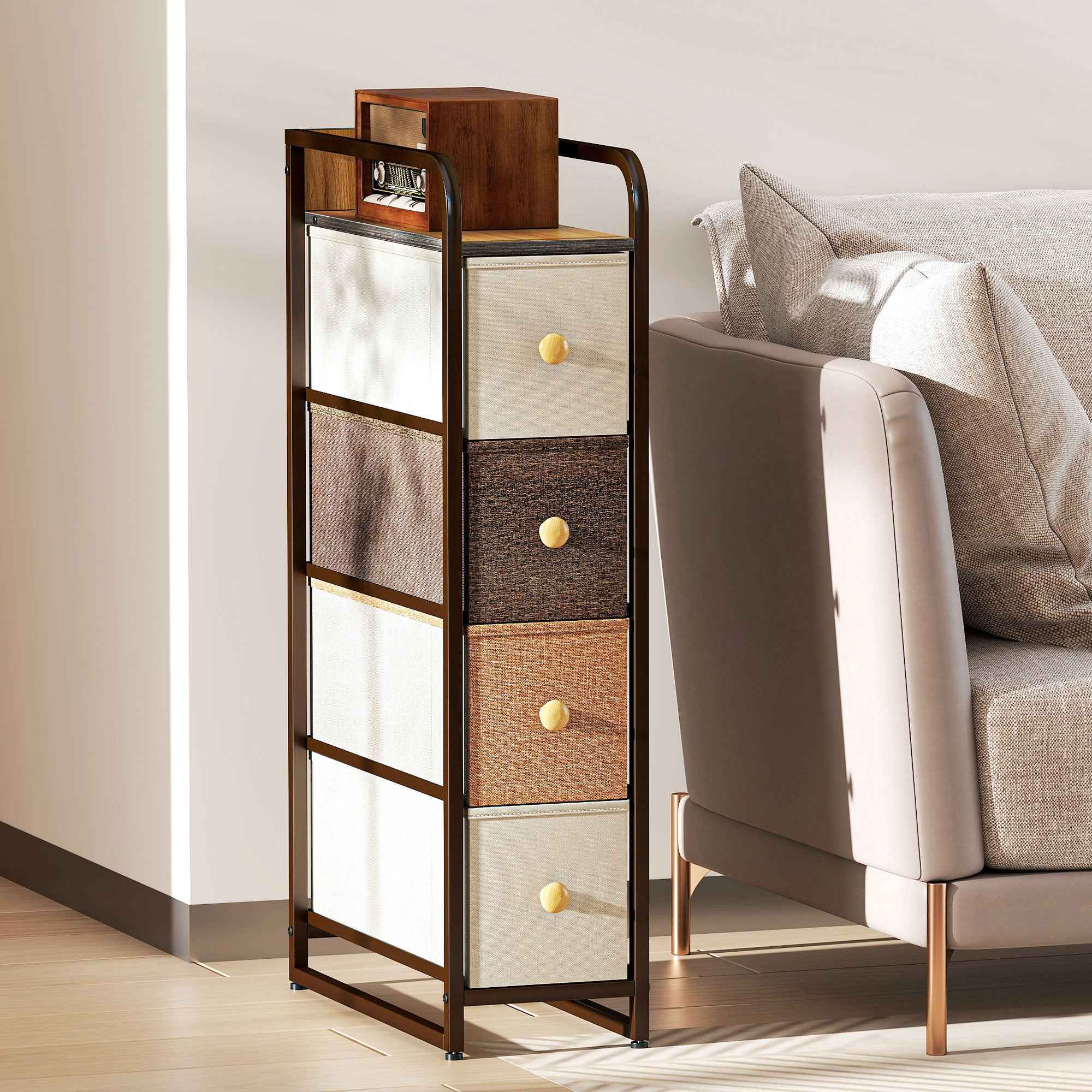 HOMCOM Space-Saving Chest of Drawers with 4 Folding Drawers in Fabric, Steel and Wood, 20x47x84.5 cm, Multicolor