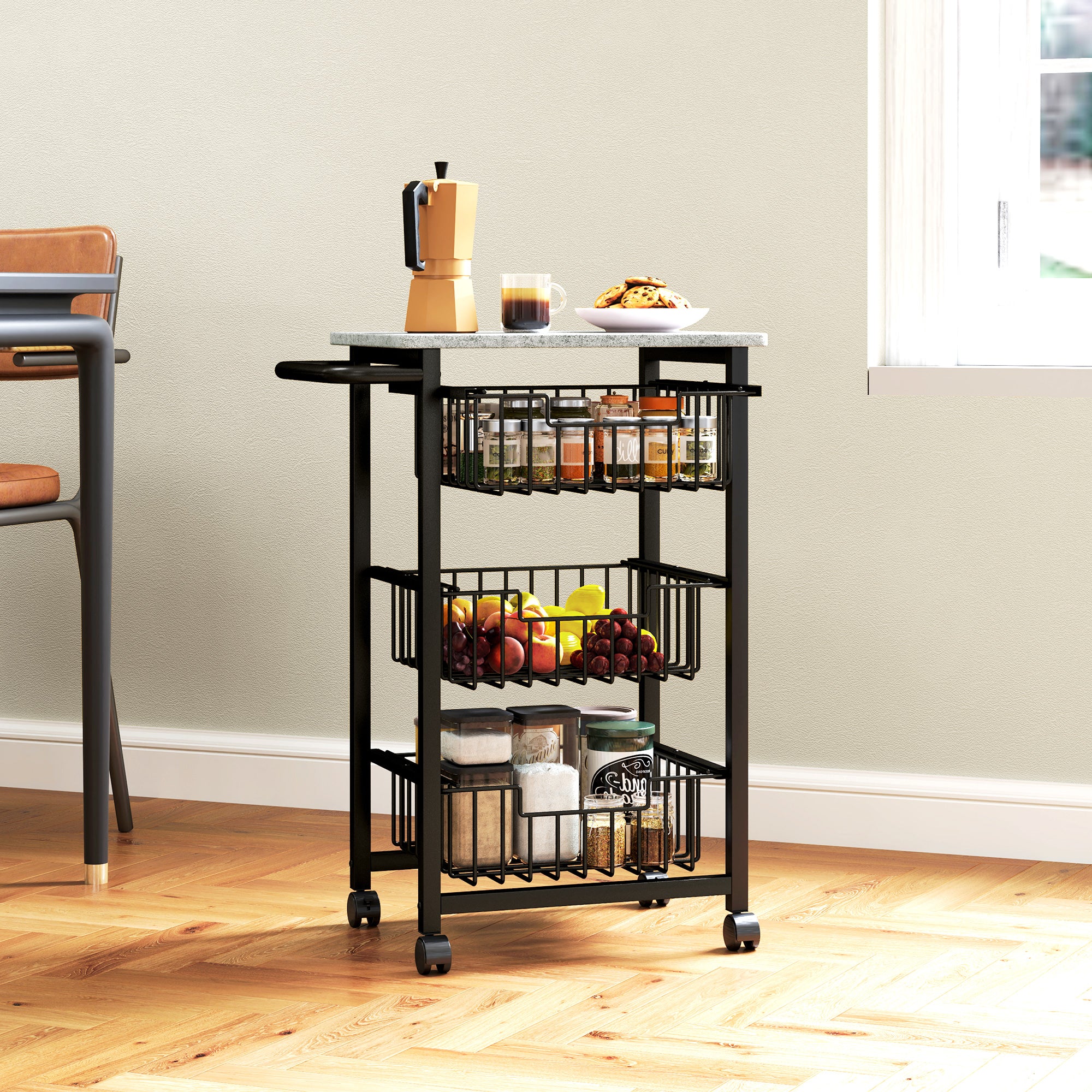 3-Basket Kitchen Trolley with Handle, Steel and Wood, 49.5x31x69 cm, Black and Light Grey