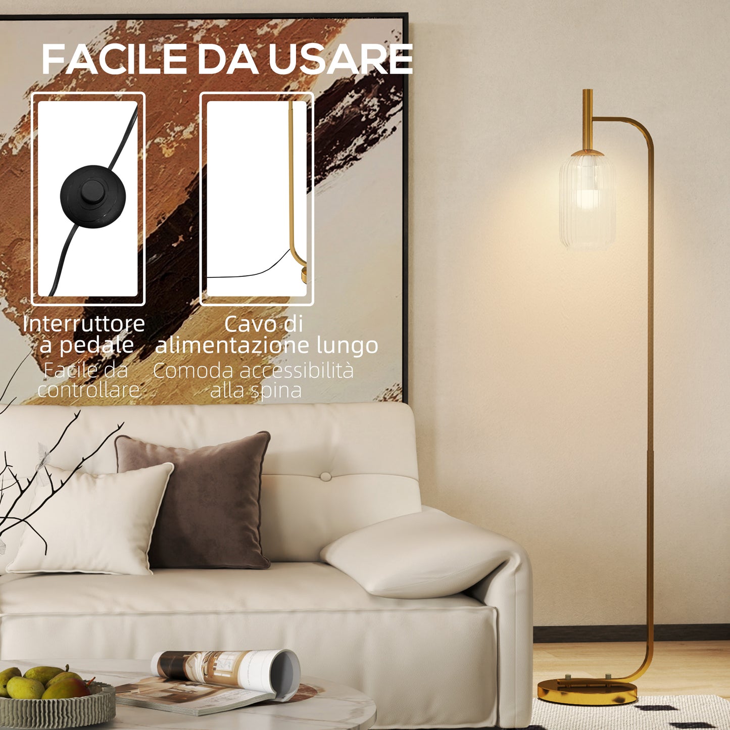 Modern Floor Lamp with Glass Shade and Foot Switch for E27 Bulbs, Gold