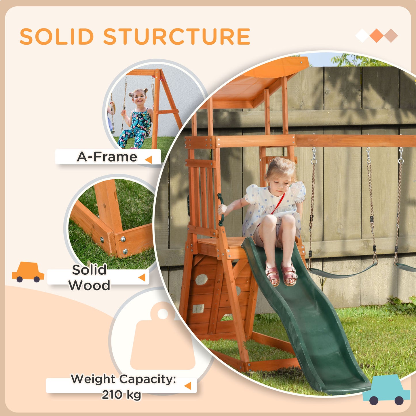 Playground set with slide, 2 garden swings and wall climbing wall for children age 3-8 years - Borgè