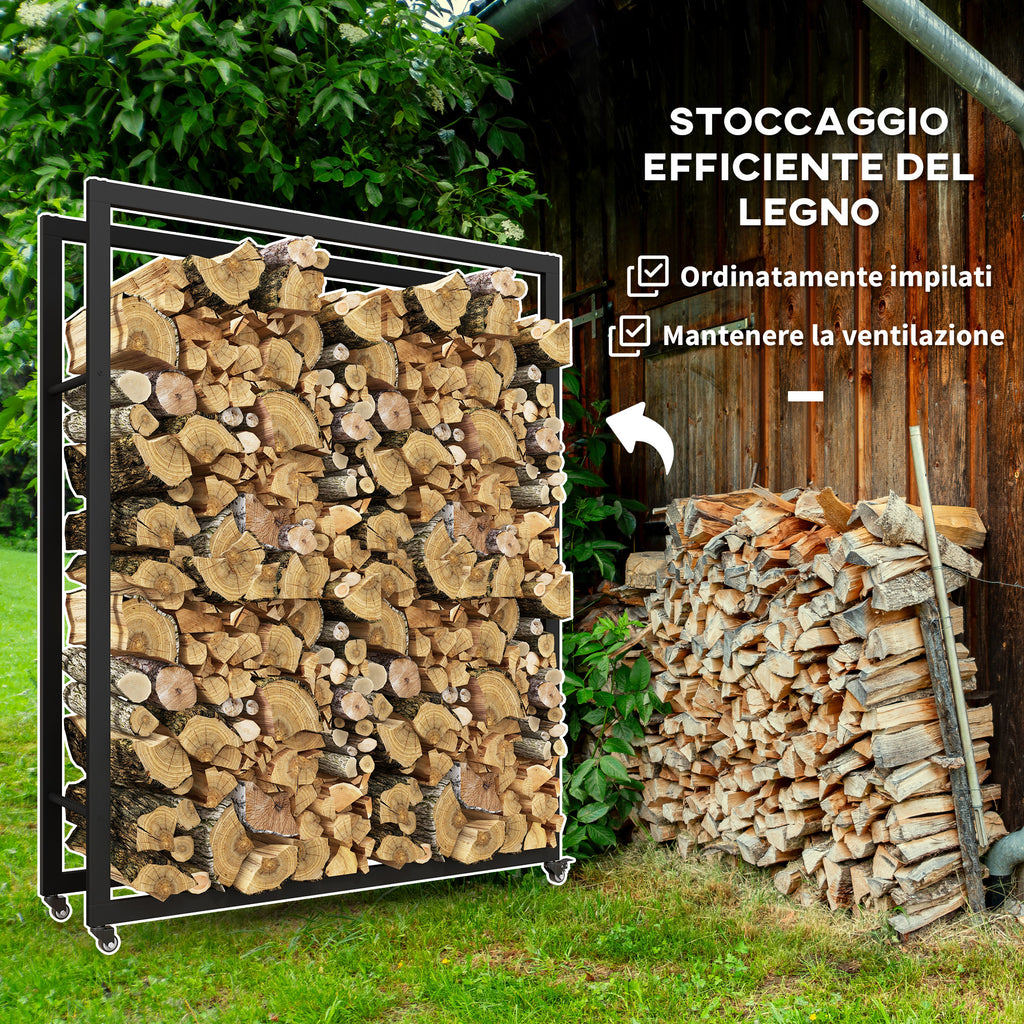 Outdoor and Indoor Firewood Rack with Wheels, Steel Firewood Shed with 0.43m³ Capacity, 120x32x151cm, Black