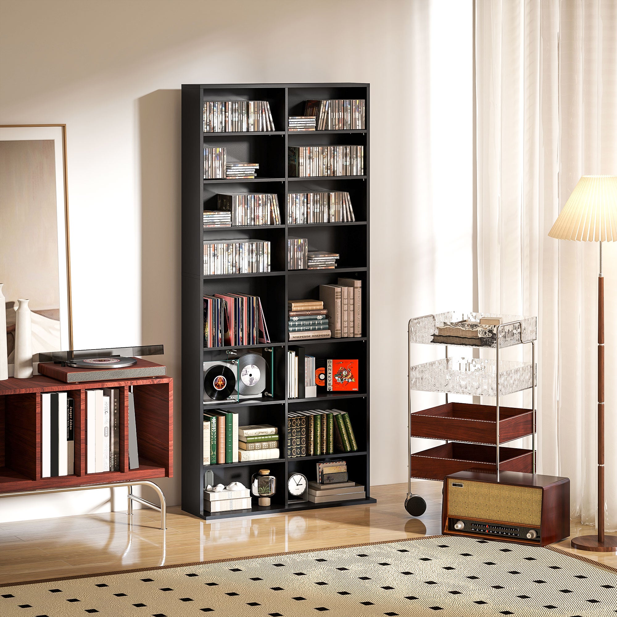 CD Rack with 14 Adjustable Shelves, 640 CDs/360 DVDs Capacity, 78.5x24x175 cm, Black