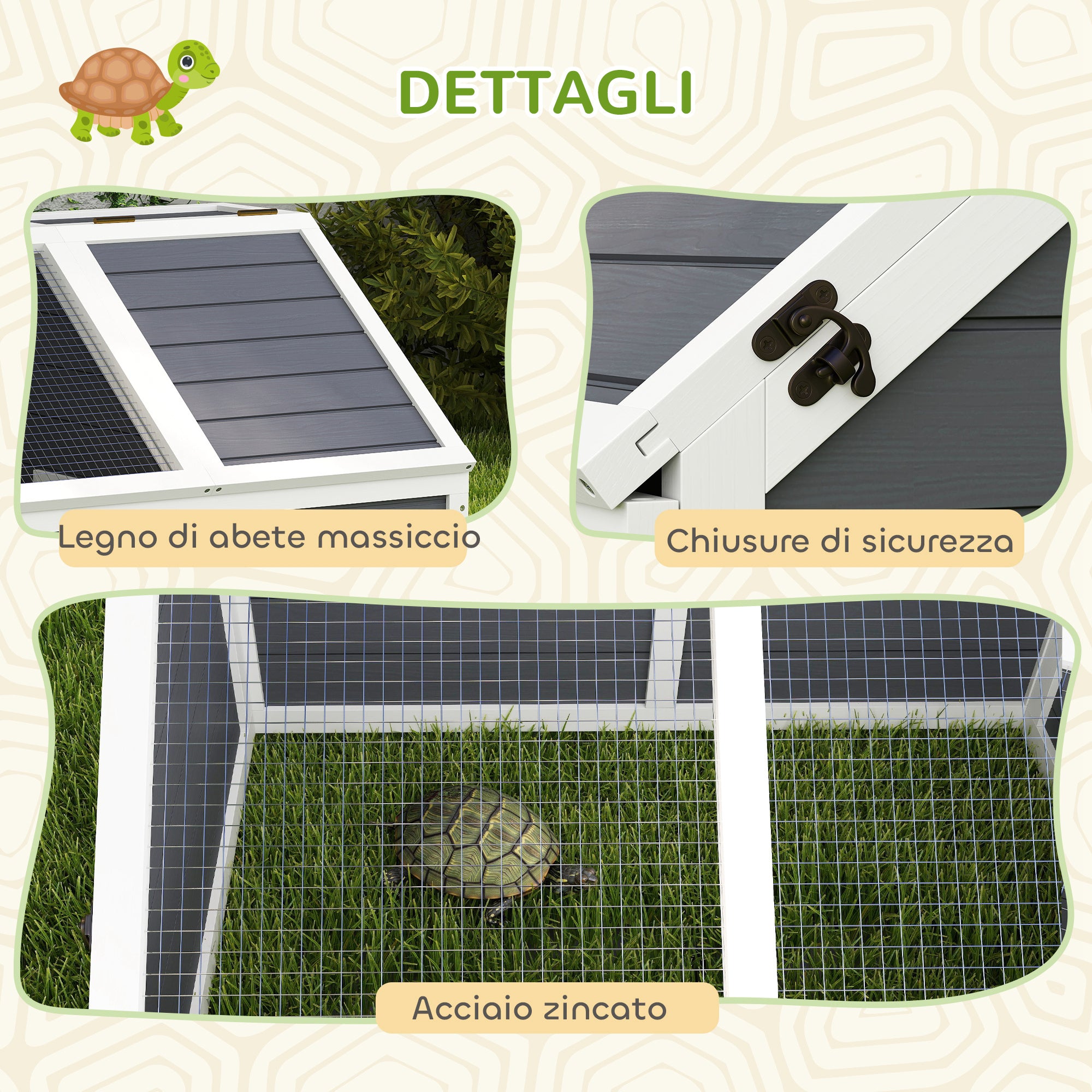 Bottomless Land Turtle House, in Fir Wood and Galvanized Steel, 120x55x50H cm, Gray and White
