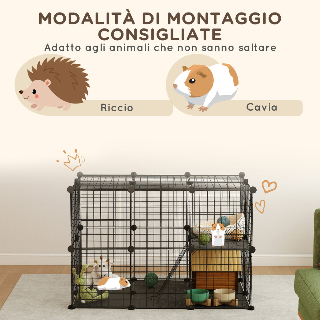 Modular Rabbit and Guinea Pig Cage with 3 Doors and Steel Wire, Black