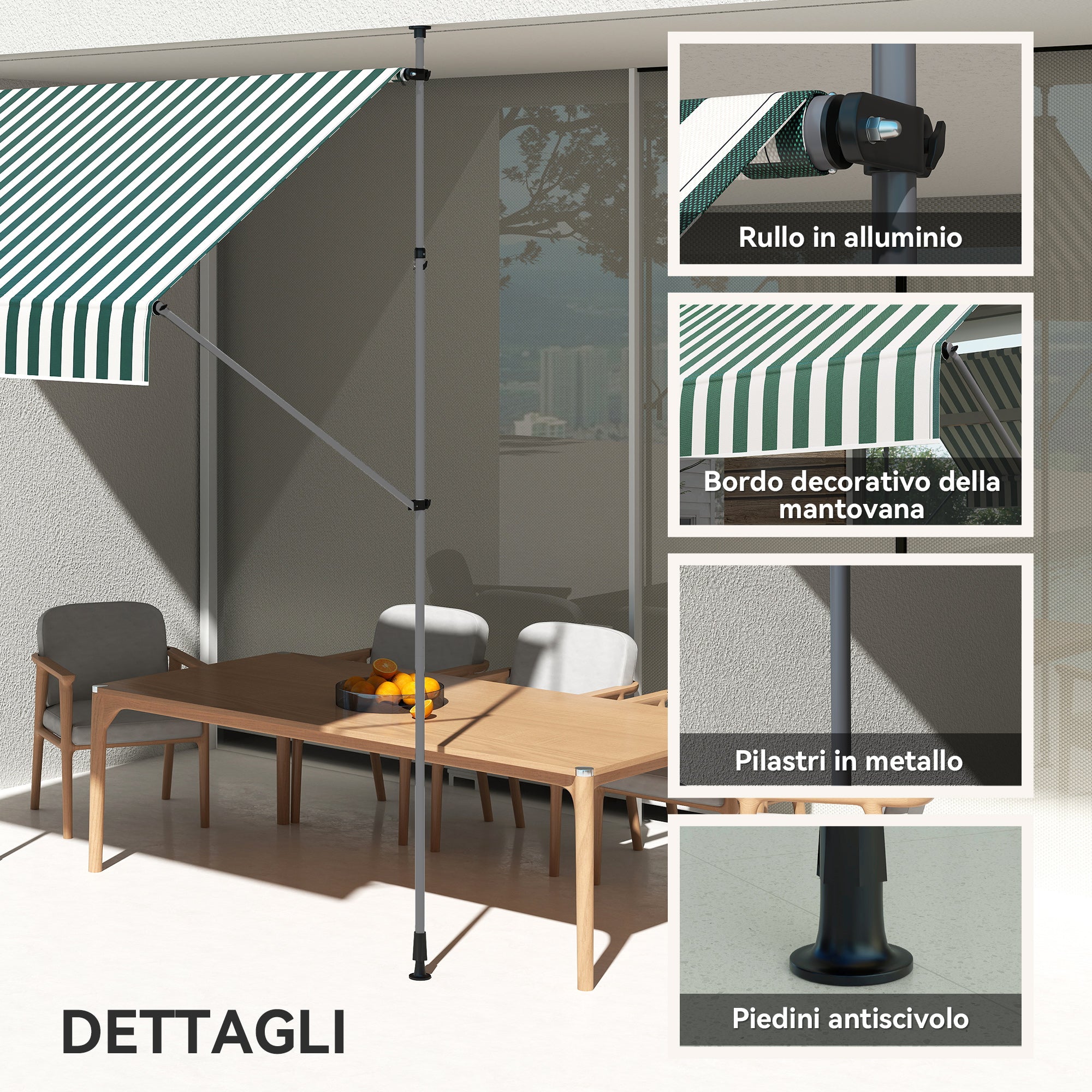 Awning 2x1.2 m with Adjustable Supports and Crank, in Aluminium, Metal and Polyester, Green and White