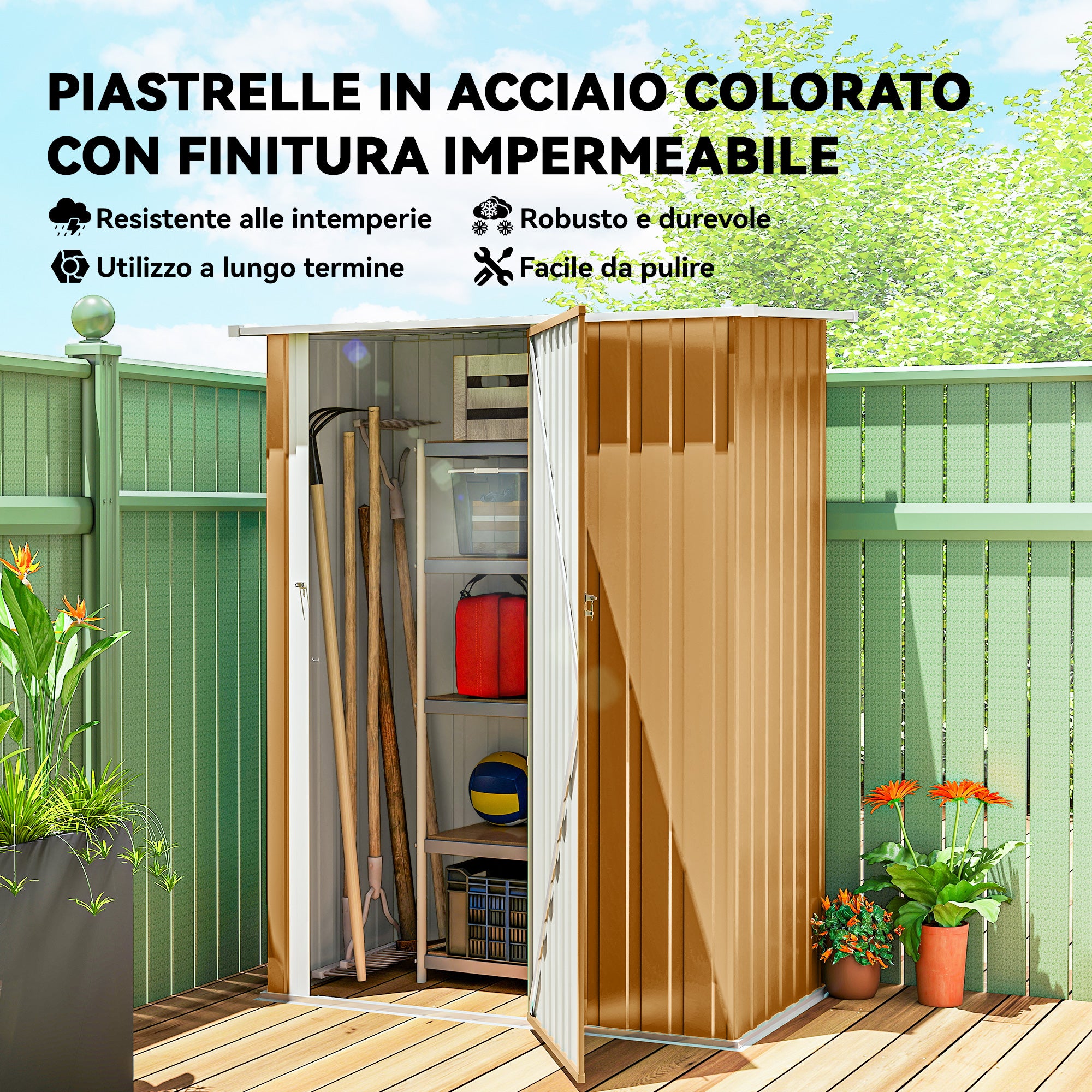 Outsunny Metal Tool Shed with Sloped Roof and Lockable Door, 142x86x189 cm, Yellow