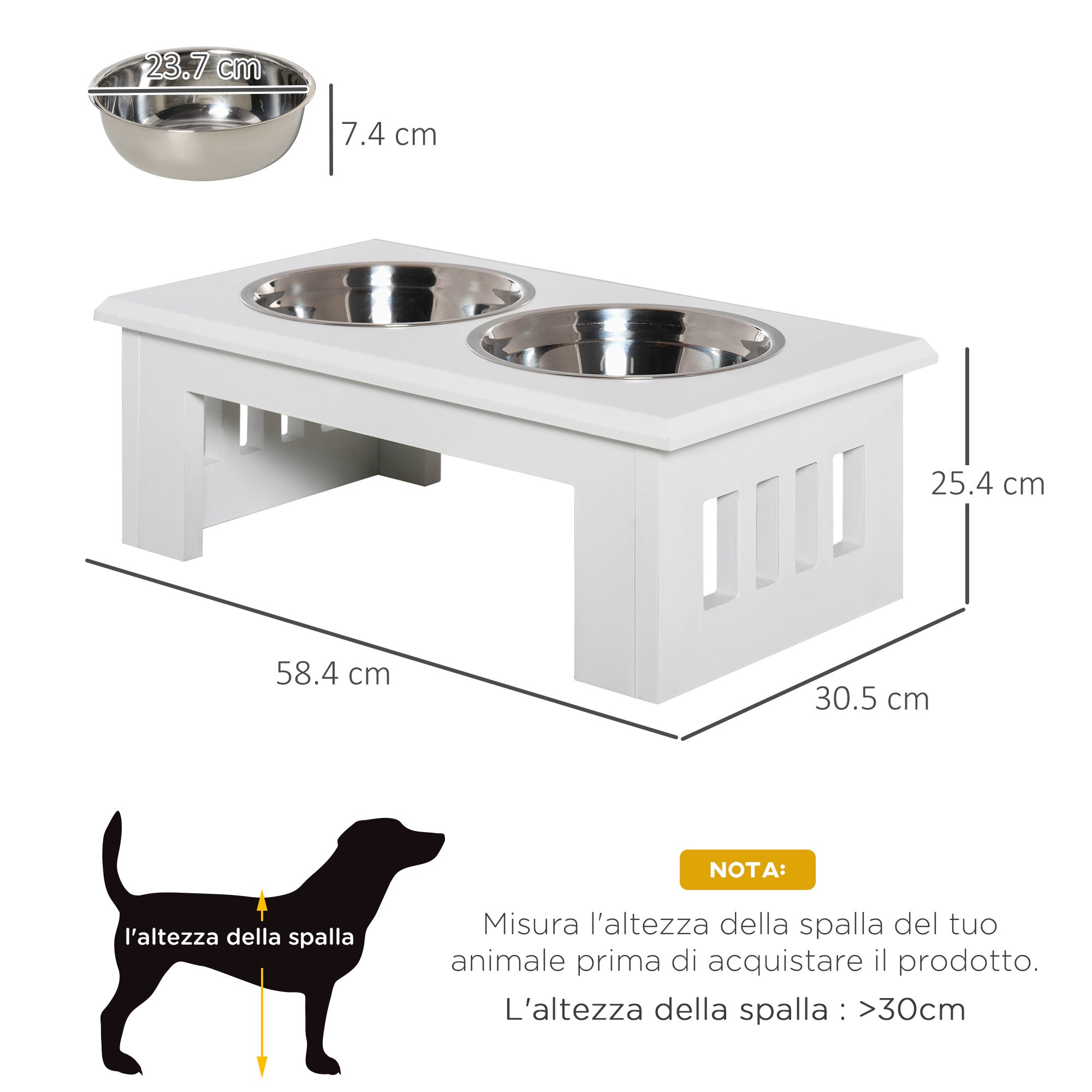 Raised Dog Bowls for Small and Medium Dogs, MDF Stand with 2 Steel Bowls, White