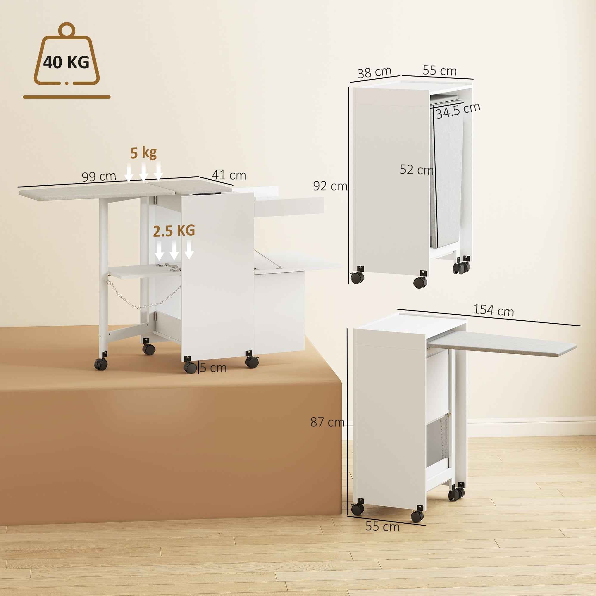 Folding Ironing Board with Storage, Space-Saving, White