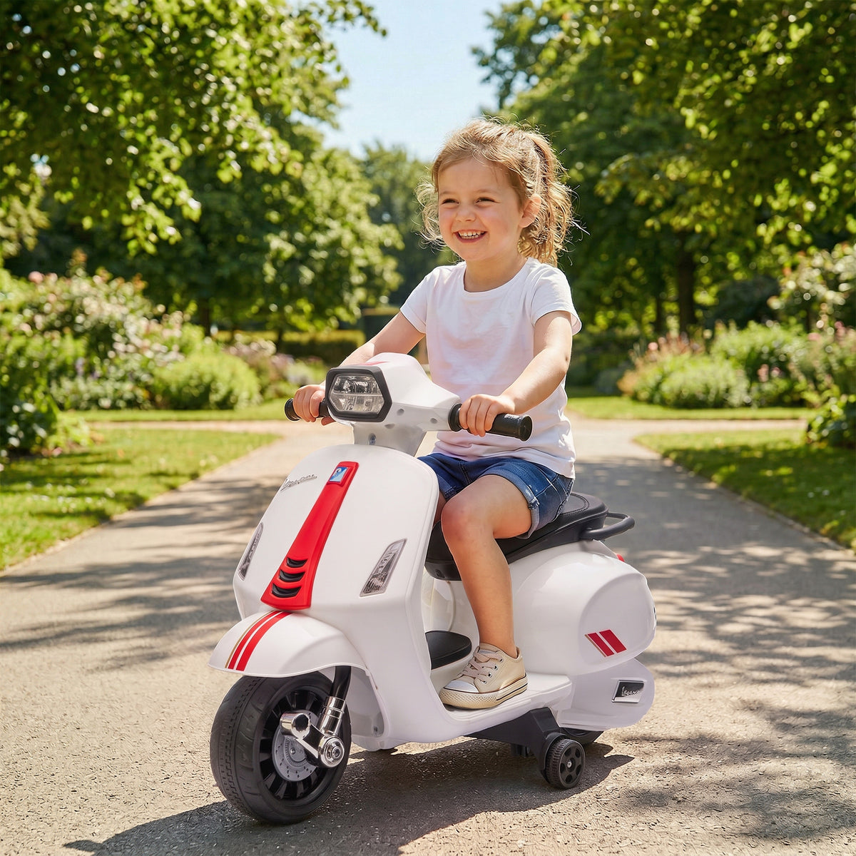 AIYAPLAY Kids Electric Motorcycle with Vespa License, 6V Rechargeable Battery, Wheels and Lights, Ages 2-4 Years, White