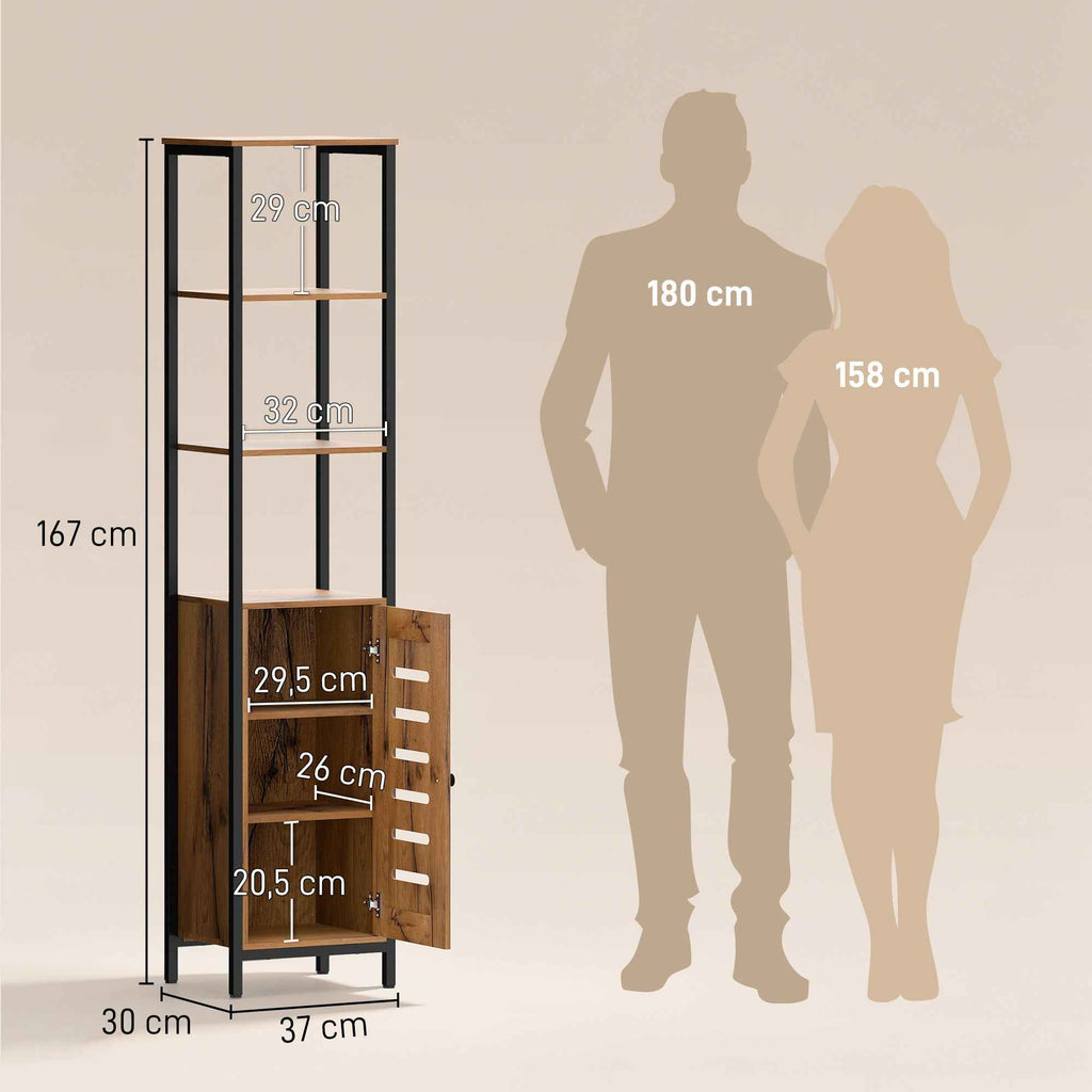 kleankin Tall Narrow Bathroom Cabinet, Space-Saving Bathroom Cabinet with Soft-Close Louvered Doors, 3 Open Shelves, Adjustable Shelves, Rustic Brown
