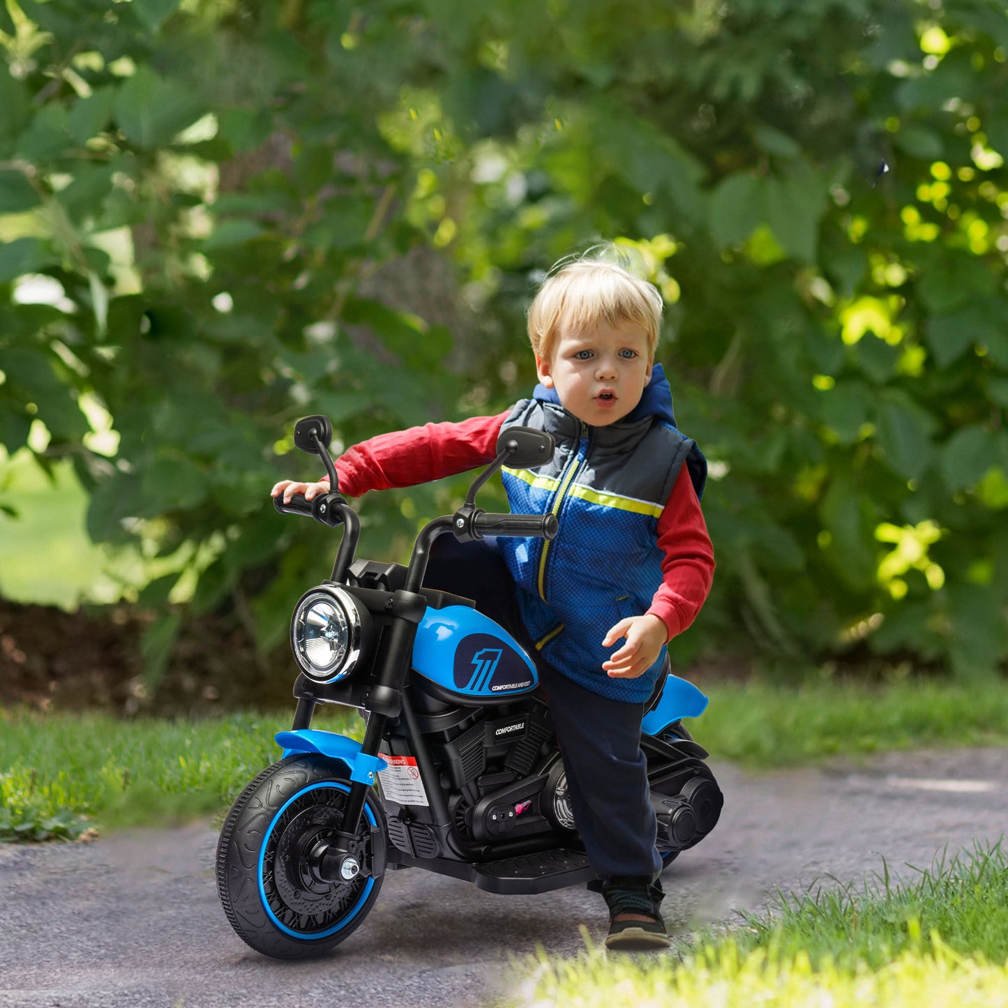 Electric Motorcycle for Children 18-36 Months in PP and Metal with Wheels and Light, 76x42x57 cm, Blue and Black