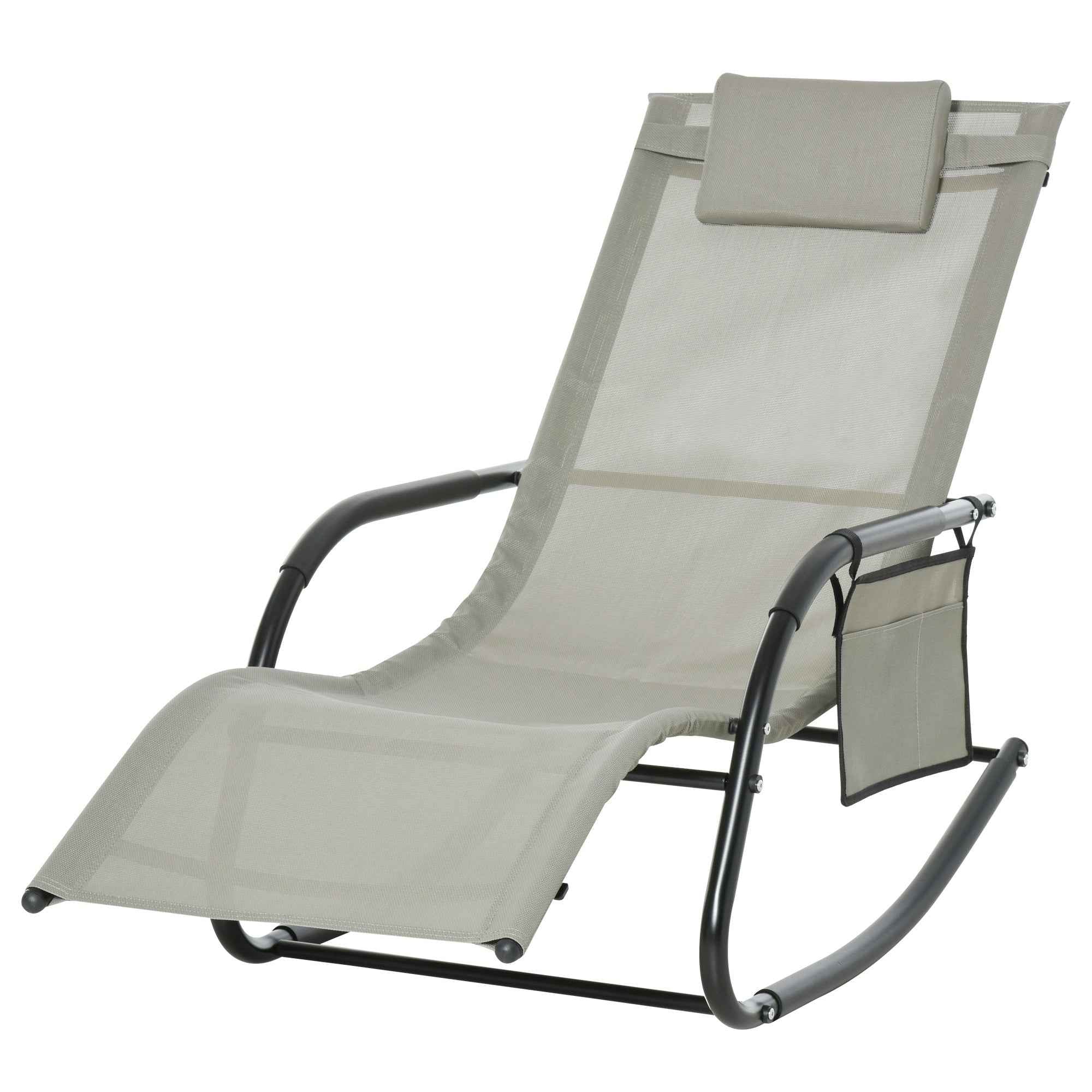 Outsunny Garden Rocking Chair with Headrest and Side Pocket, 150x62x88 cm, Black and Grey
