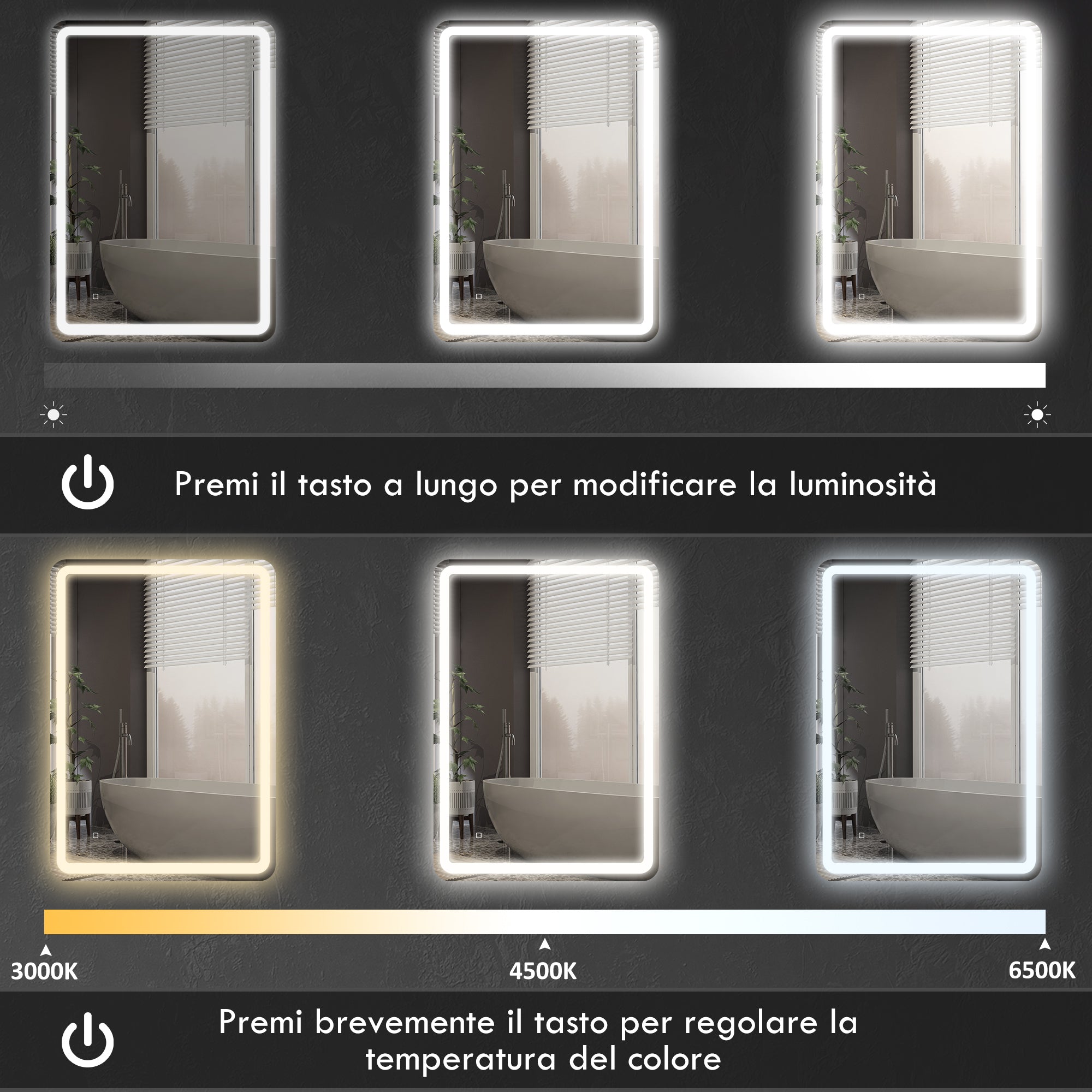 Bathroom Mirror with Touch Switch, 3-Temperature LED Light and Anti-Fog, 70x100cm