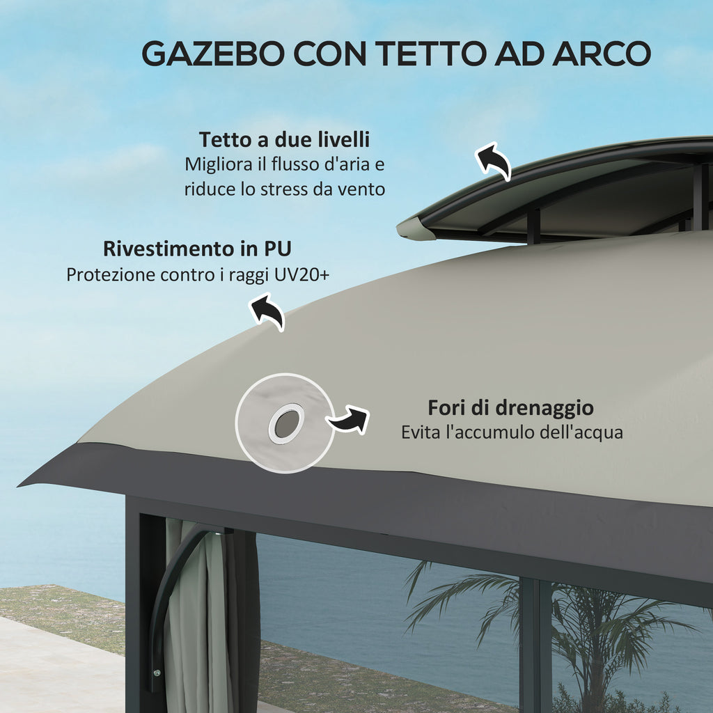 Garden Gazebo 4x3 m with Mosquito Nets and Double Roof, in Metal and Light Gray Polyester