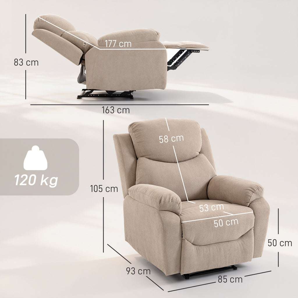 Manual Fabric Recliner Chair with Thick Cushion, Padded Armrests and Footrest, Beige