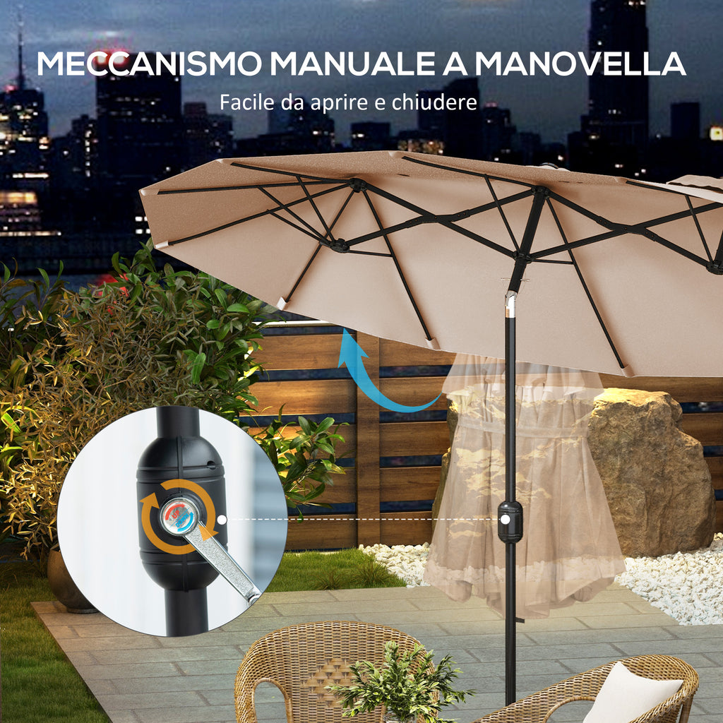 Double Umbrella Tiltable at 45° with Crank and Air Vents, in Steel and Polyester, 285x147x227 cm, Coffee