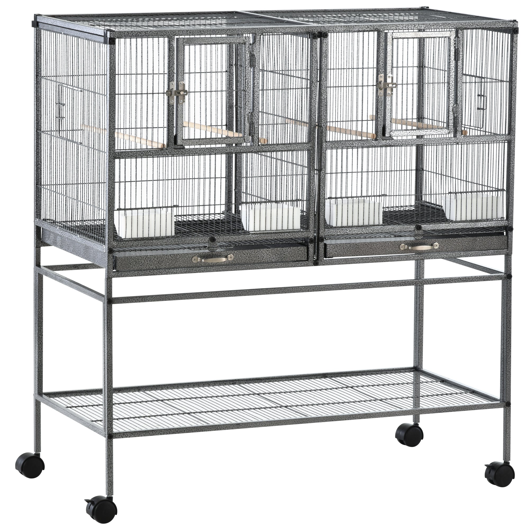 PawHut Double Metal Bird Cage with Removable Trays, Stand with 4 Wheels and Shelf, 95x45.5x102cm, Gray - Borgè