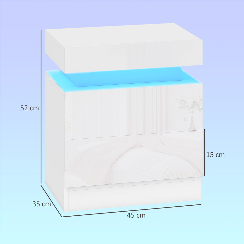 HOMCOM Set of 2 LED Nightstands with 16 Colors and 4 Modes with 2 Drawers, Wooden, 45x35x52 cm, Glossy White