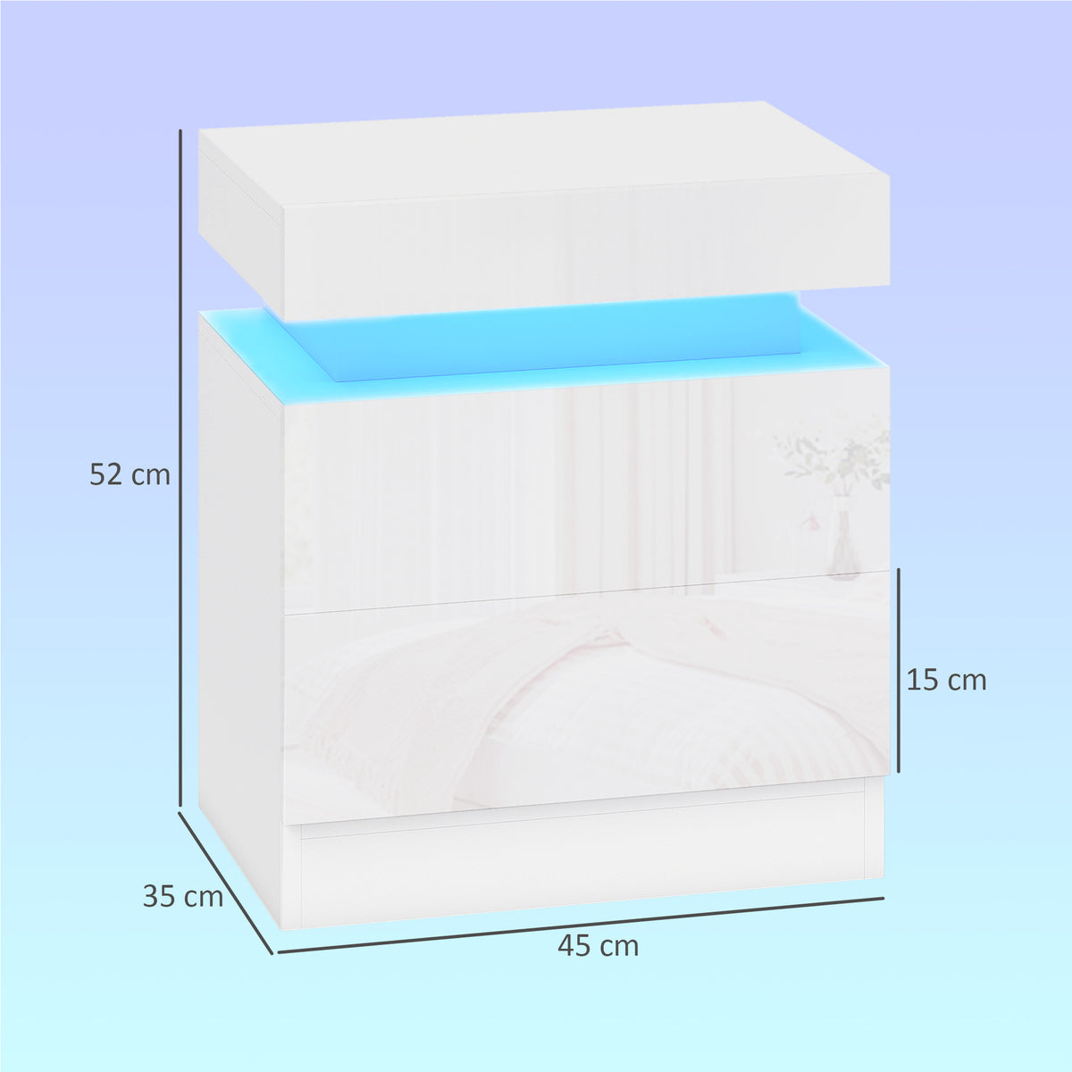 HOMCOM Set of 2 LED Nightstands with 16 Colors and 4 Modes with 2 Drawers, Wooden, 45x35x52 cm, Glossy White