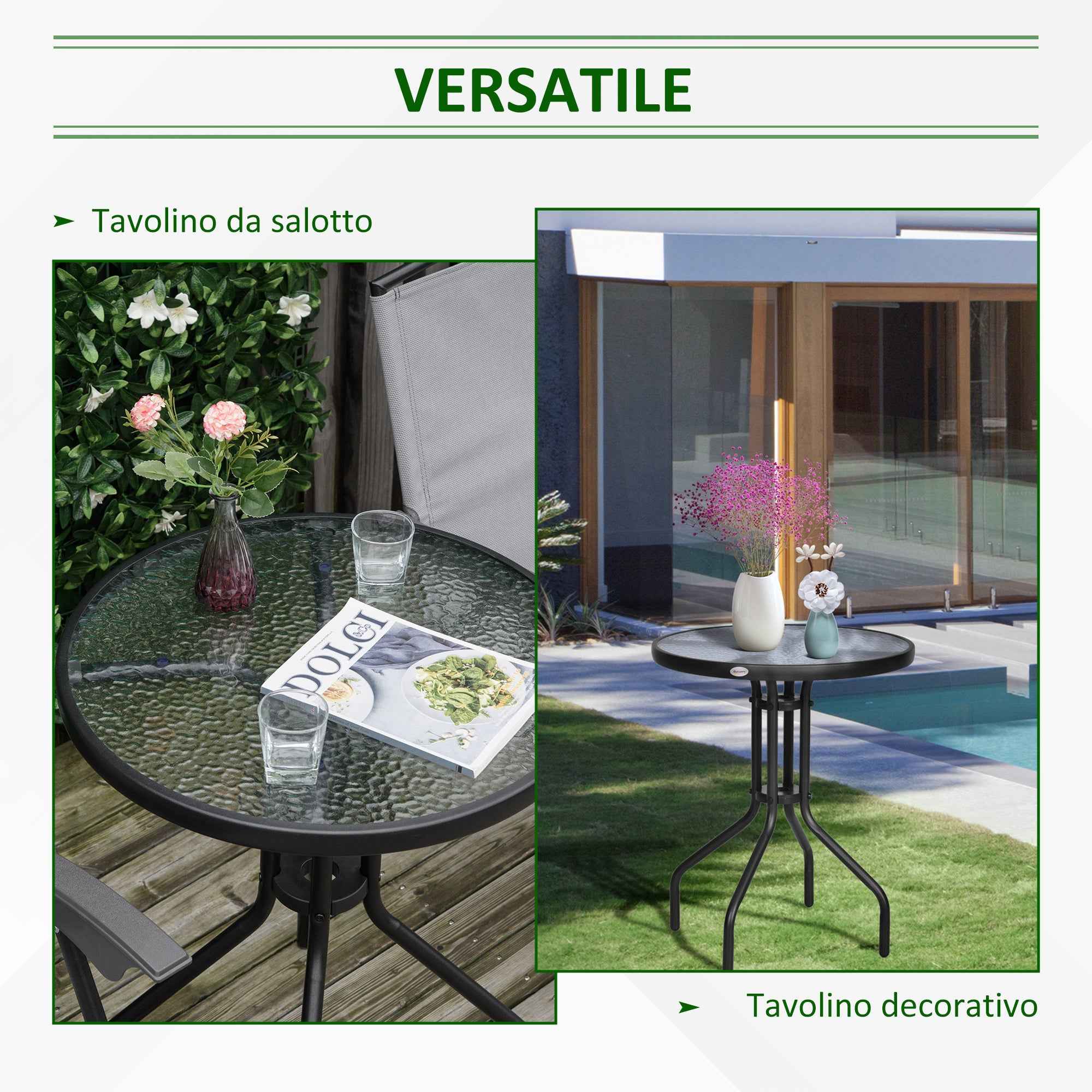 Outsunny Round Table with Tempered Glass Top Black Garden Coffee Table, ?60 x 70cm