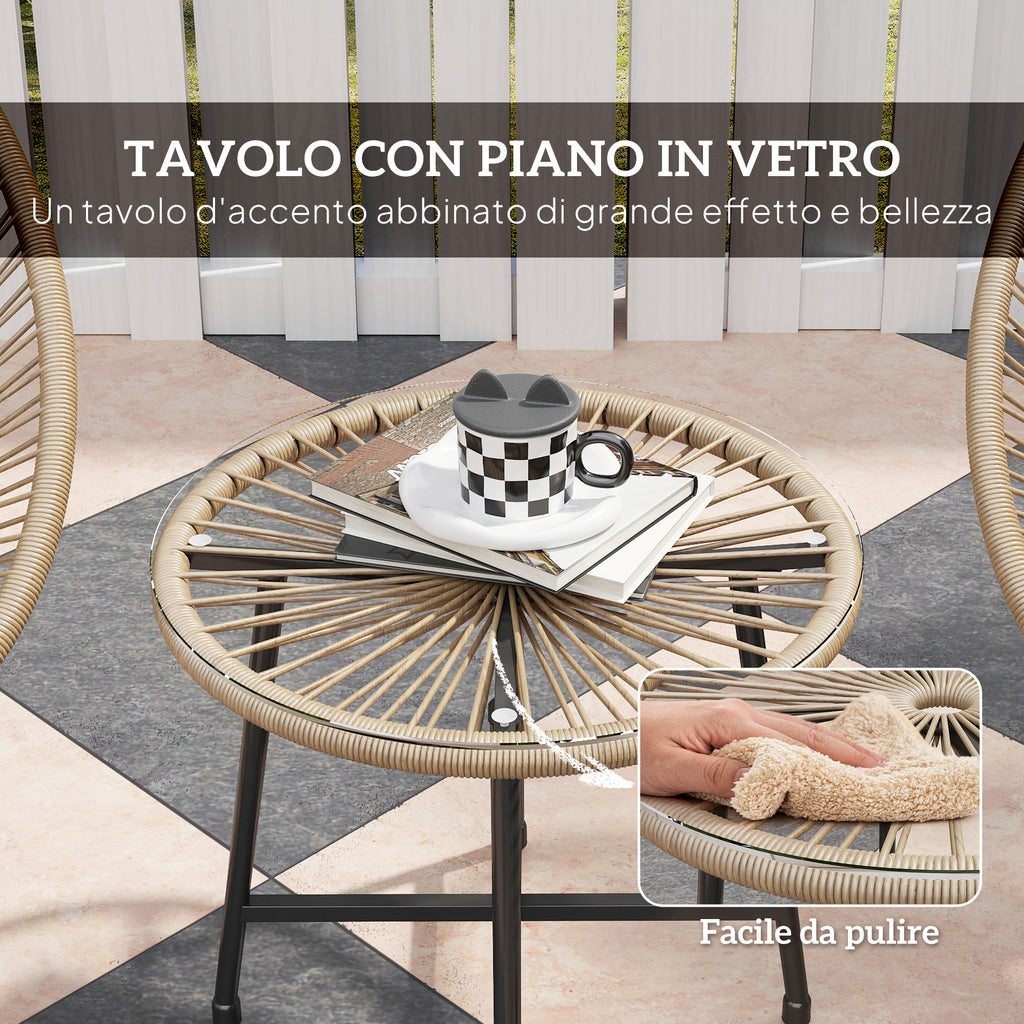 3 Piece PE Rattan and Steel Garden Set with 2 Oval Chairs and Coffee Table, Black and Wood Color