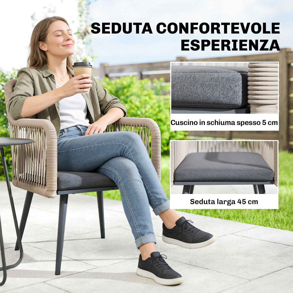 Outsunny Set of 2 Garden Chairs with Cushions and Armrests, in Steel and PE Rattan, 54x65x80 cm, Dark Grey