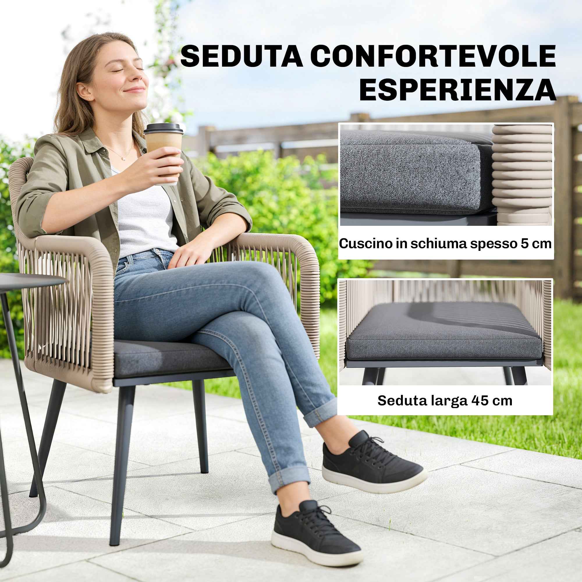 Outsunny Set of 2 Garden Chairs with Cushions and Armrests, in Steel and PE Rattan, 54x65x80 cm, Dark Grey