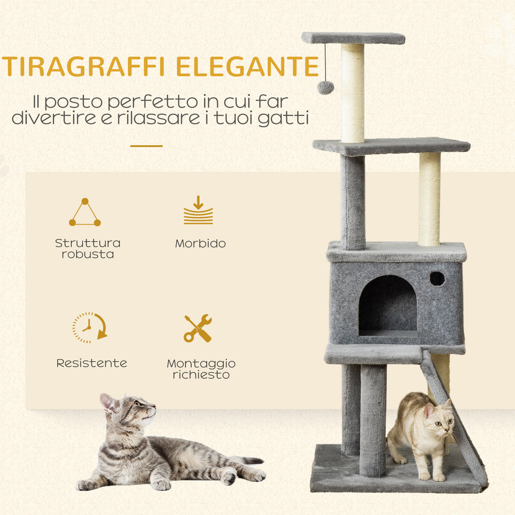 Multi-Level Cat Tree with House, Ladder, Ball and Sisal Posts, 48x48x125 cm, Grey