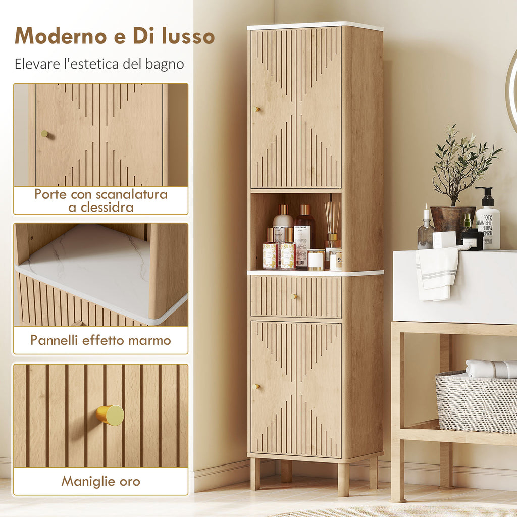 Bathroom Cabinet with Drawer, 2 Cabinets and Adjustable Shelves, Marble Effect Shelf, 41.5x30x168 cm, Oak