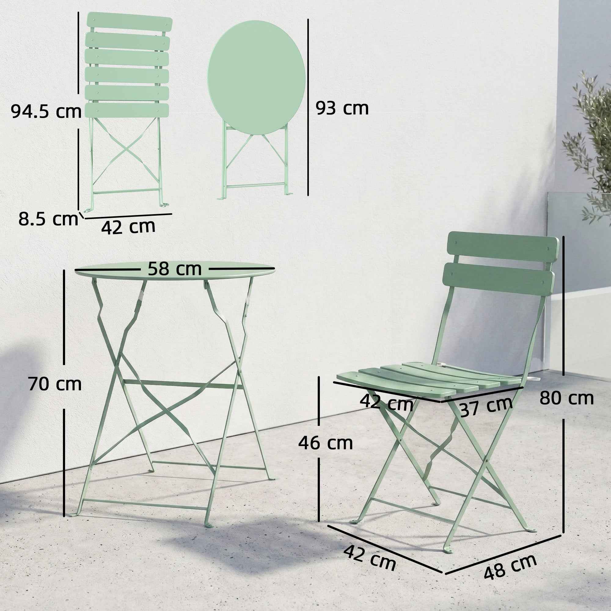 Outsunny Bistro Garden Set: Round Table and Folding Chairs for 2, Light Green.