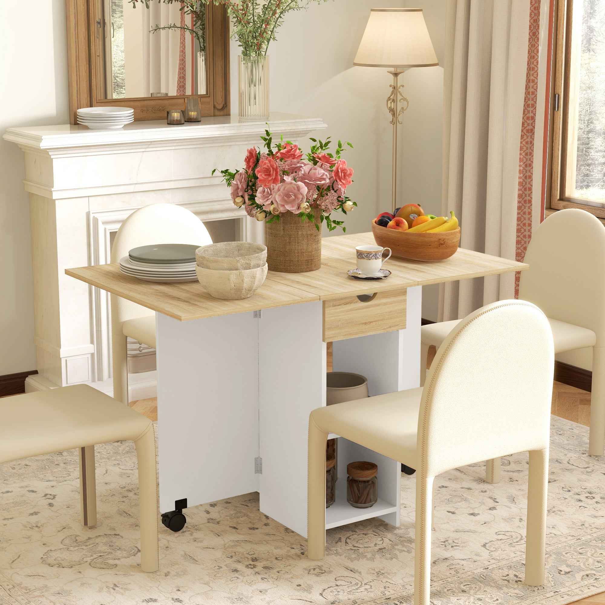 HOMCOM Folding Dining Table with Drawer and Shelves, Space-Saving Table with Flip-Up Flaps for Kitchen, Dining Room, Living Room, Oak