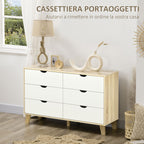 6 Drawer Chest with Carved Wooden Handles, 120x40x76 cm, White and Oak