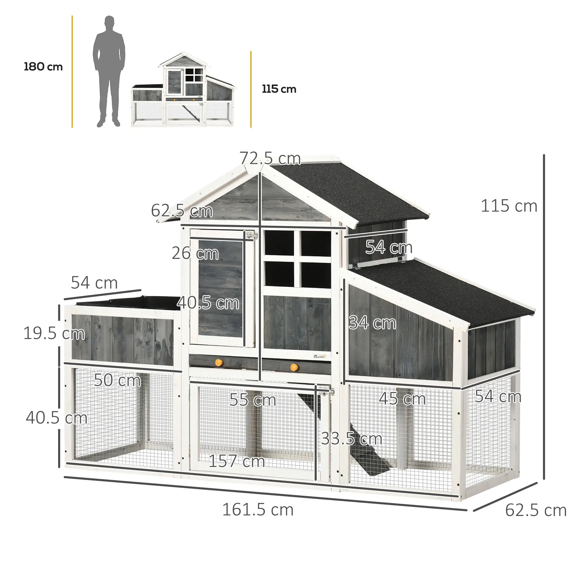 Wooden Chicken Coop with Open Area, House and Nest, 161.5x62. 5x115cm, Grey - Borge' Group Limited