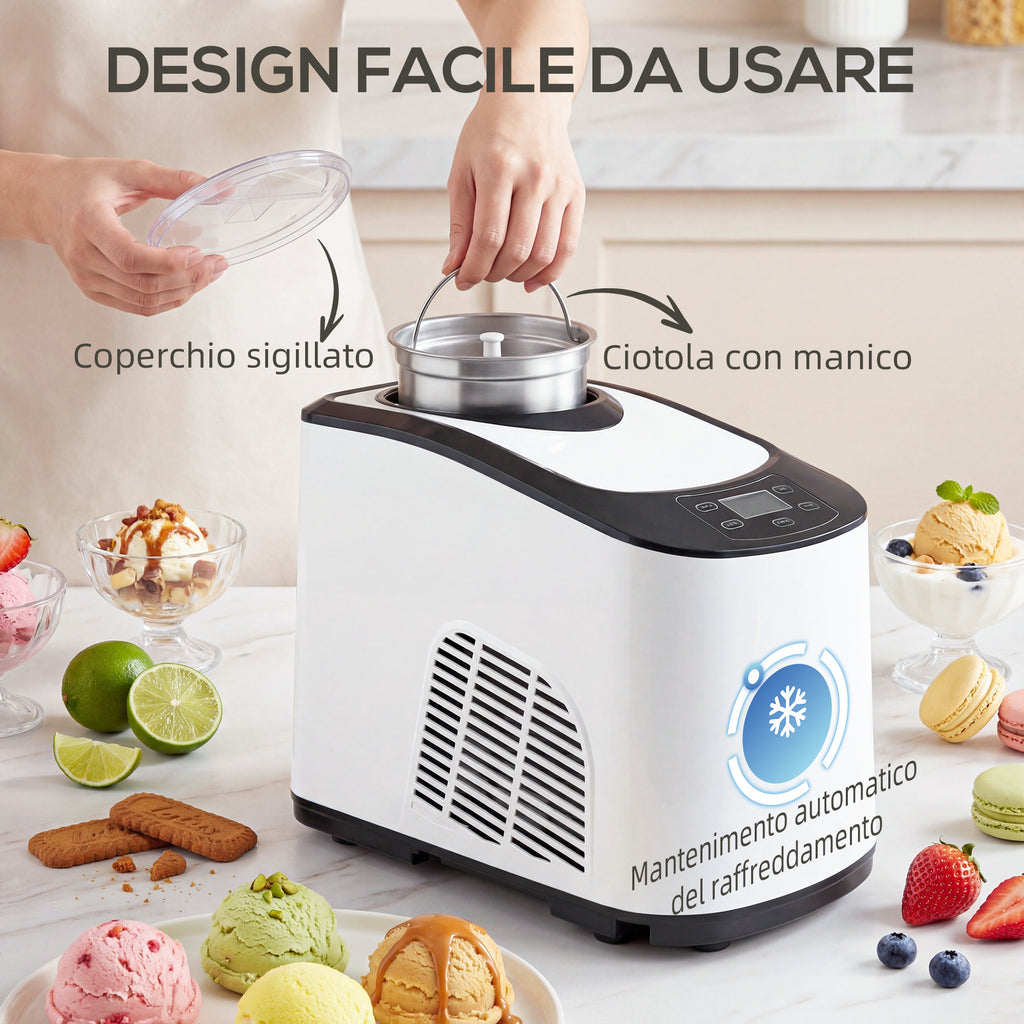 Ice Cream Maker with Built-in Compressor 1.5L, Soft and Hard Modes, Auto-Keep Cold Function, White