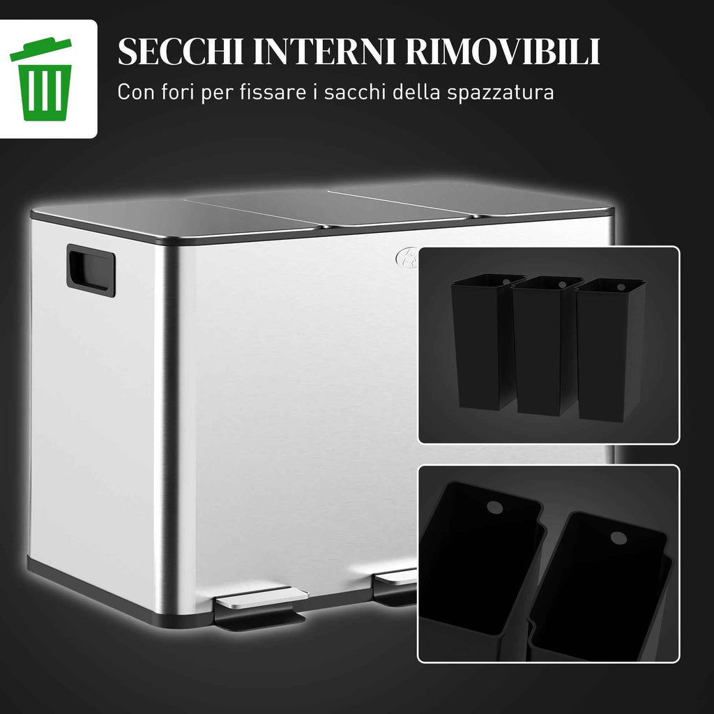 HOMCOM 3-Compartment Waste Bin, Silver