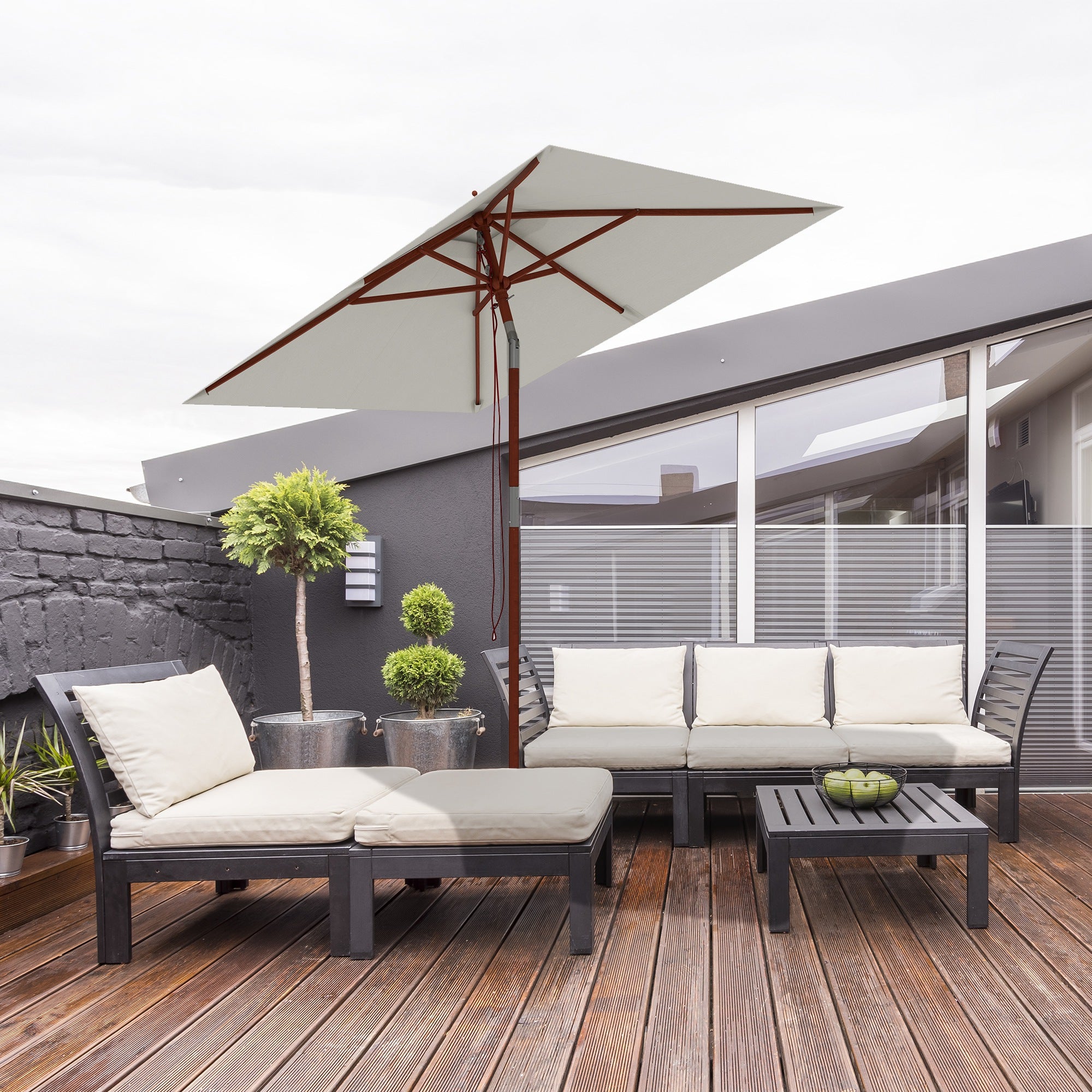 Rectangular Tilting Umbrella 2x1.5 m with 6 Ribs and Rope Opening, in Bamboo and Beige Polyester