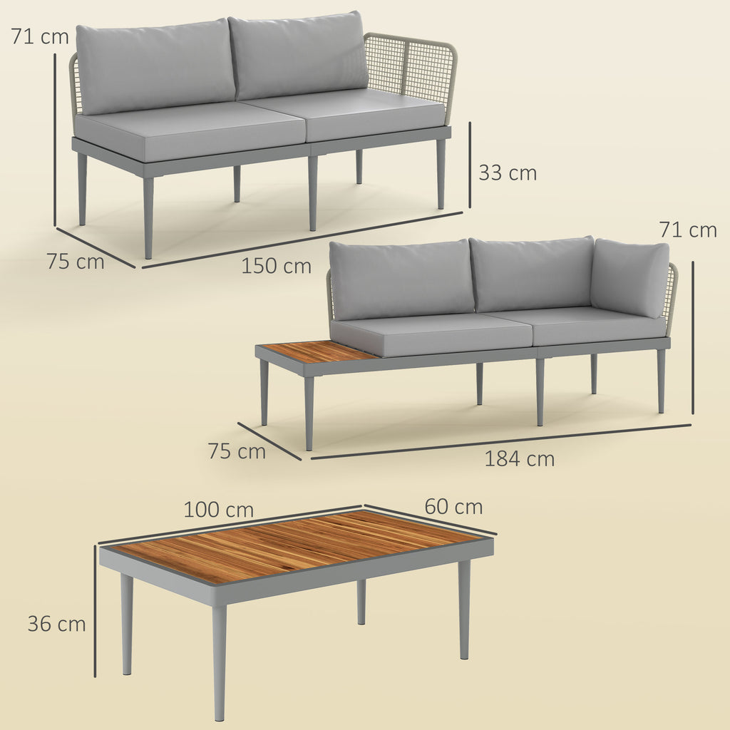 3 Piece Outdoor Set with 2 2-Seater Sofas and Coffee Table, in Rattan and Steel Grey and Wood Color