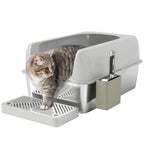 Cat Litter Box with Step, Scoop and Storage Box, in Stainless Steel and ABS, 60.2x40.6x29 cm, Light Grey