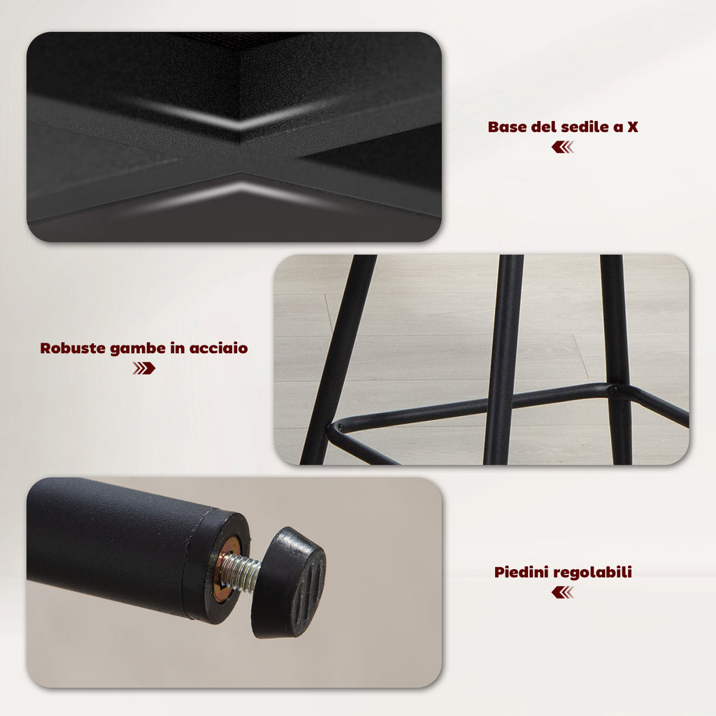 Set of 2 Bar Stools with Backrest and Footrest, Fabric Upholstery and Steel Legs, Grey