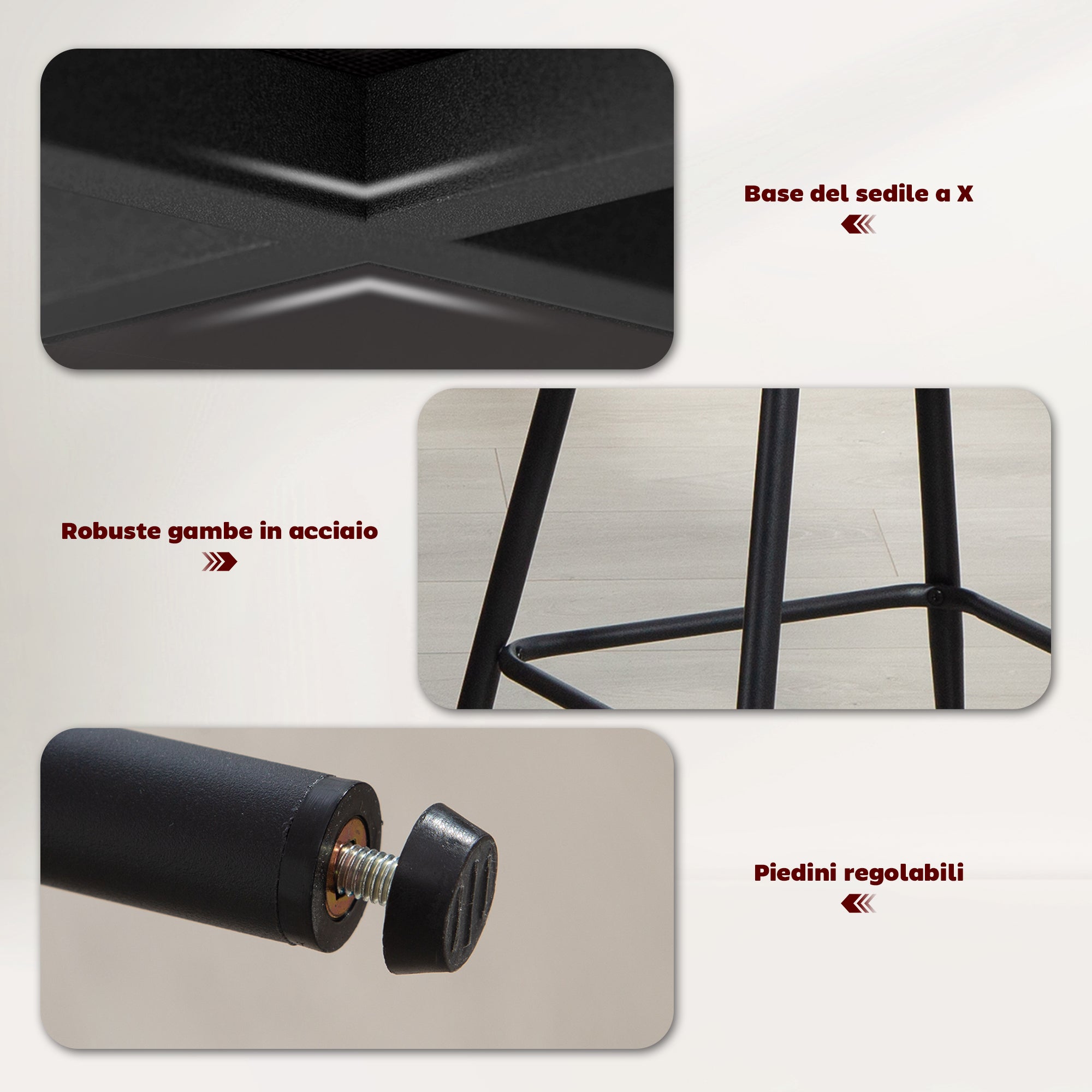 Set of 2 Bar Stools with Backrest and Footrest, Fabric Upholstery and Steel Legs, Grey