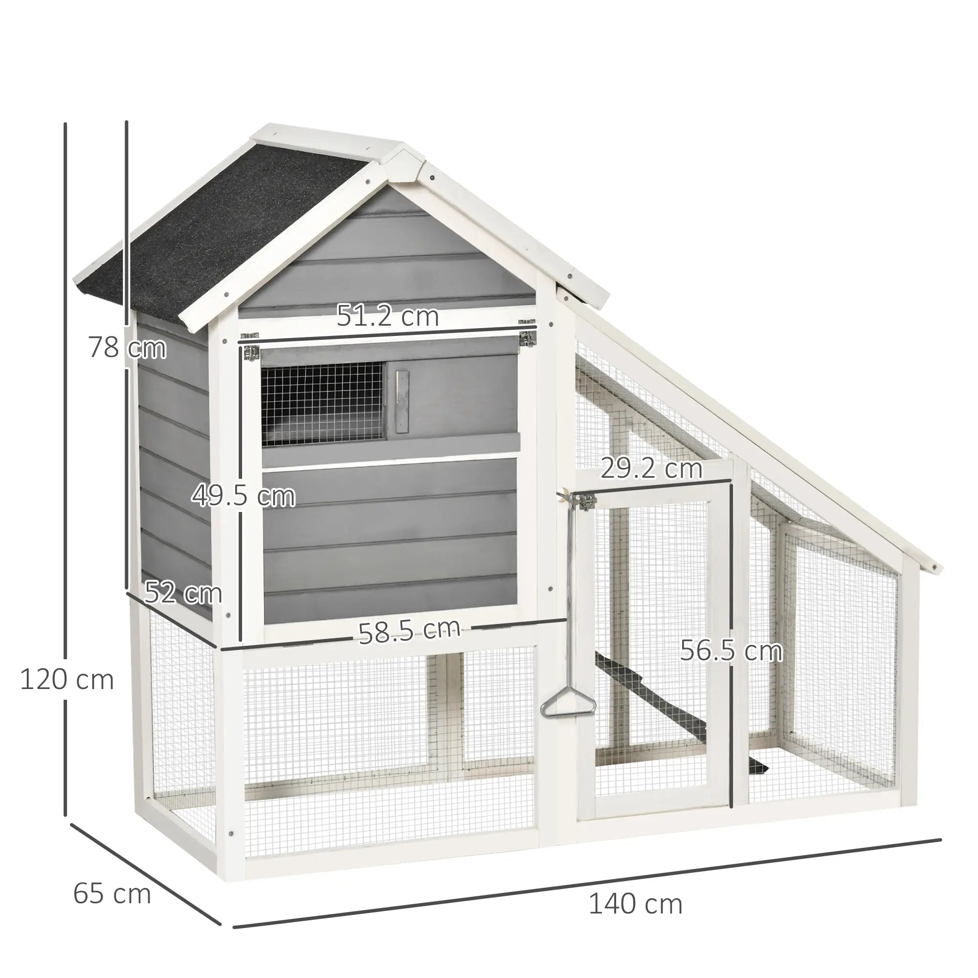 Wooden Rabbit Hutch with Open Area and Ramp, Rabbit Cage with Removable Bottom and Doors, 140x65x120 cm, Grey - Borge' Group Limited