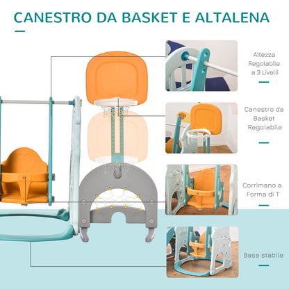 Children's Slide for 4 Years Max with Swing, Basket, Door and Rings, in HDPE and PP, 210x186x133 cm