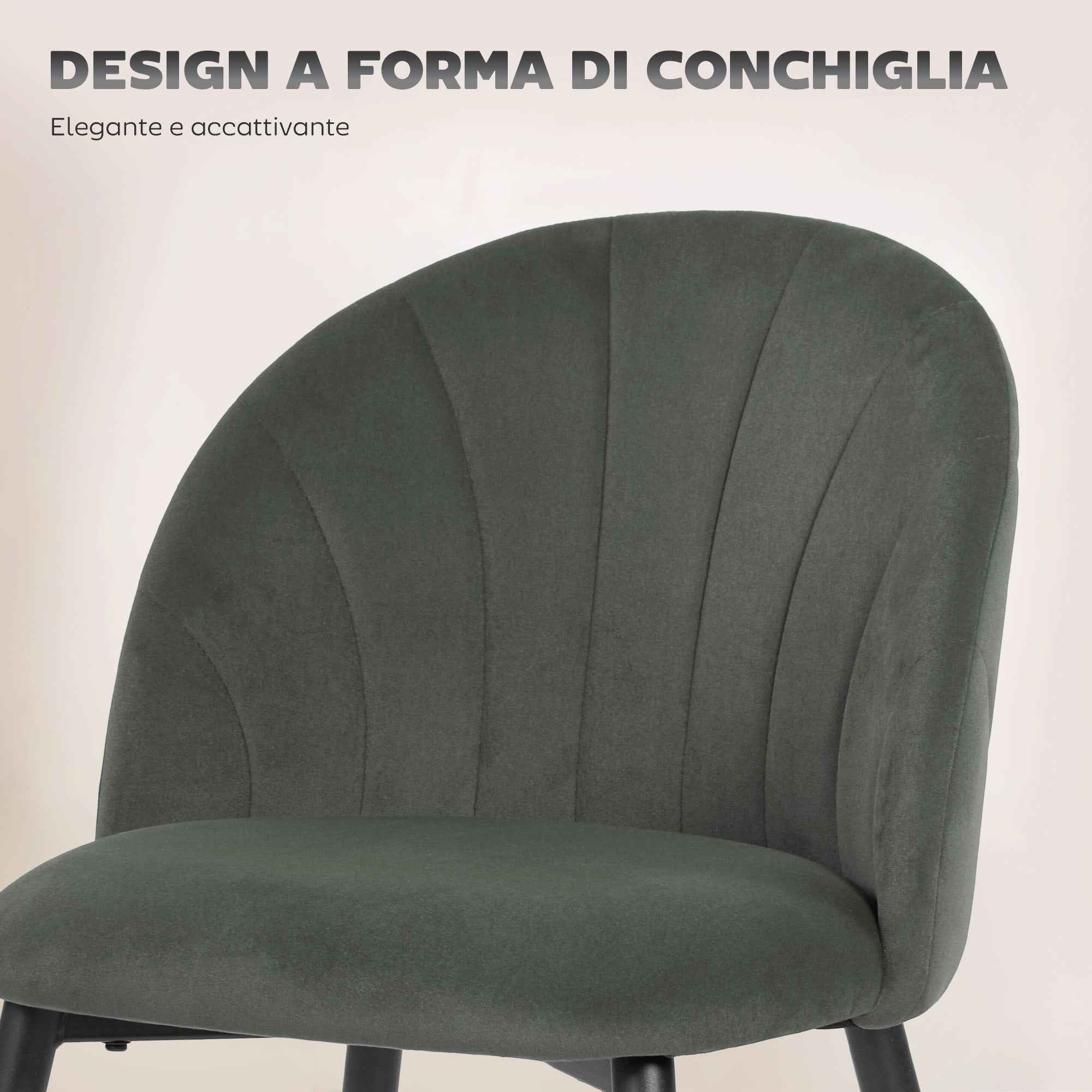 Set of 2 Upholstered Dining Chairs with Shell Backrest in Velvet, 52x55x79 cm, Grey