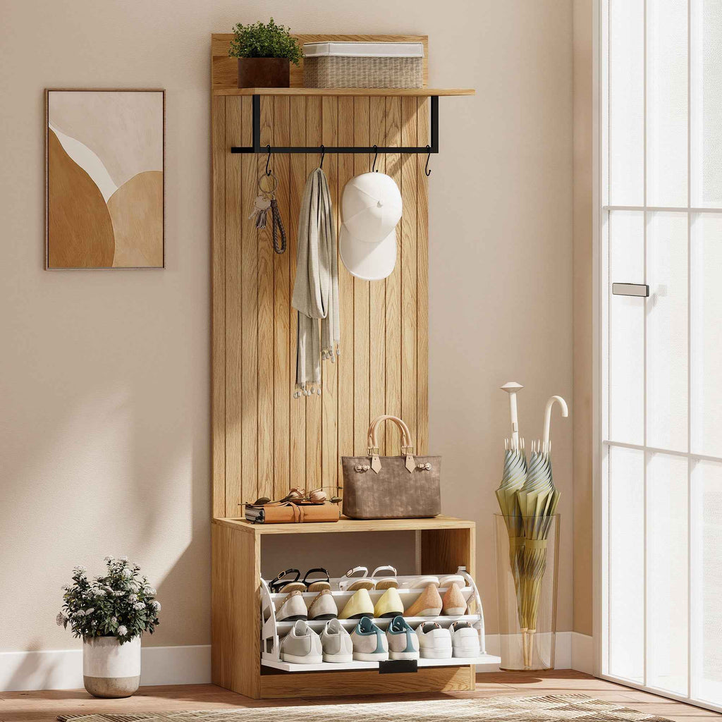 HOMCOM Hallway Furniture with Bench, Shoe Rack and Coat Rack with 4 Hooks, 60x30x170 cm, Oak and White