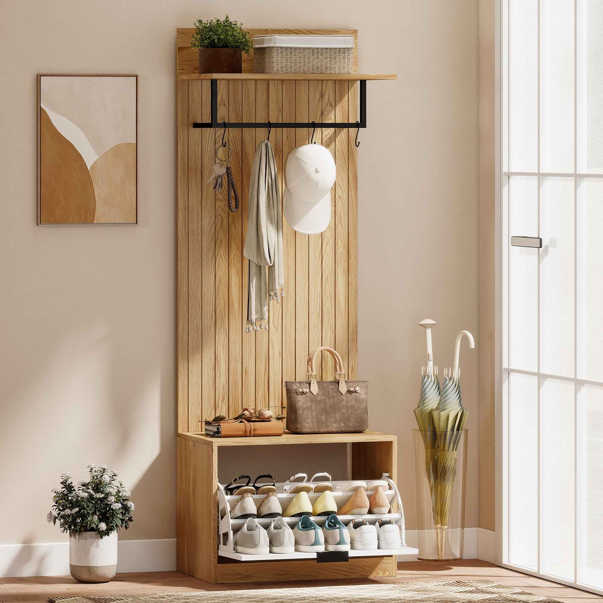 HOMCOM Hallway Furniture with Bench, Shoe Rack and Coat Rack with 4 Hooks, 60x30x170 cm, Oak and White