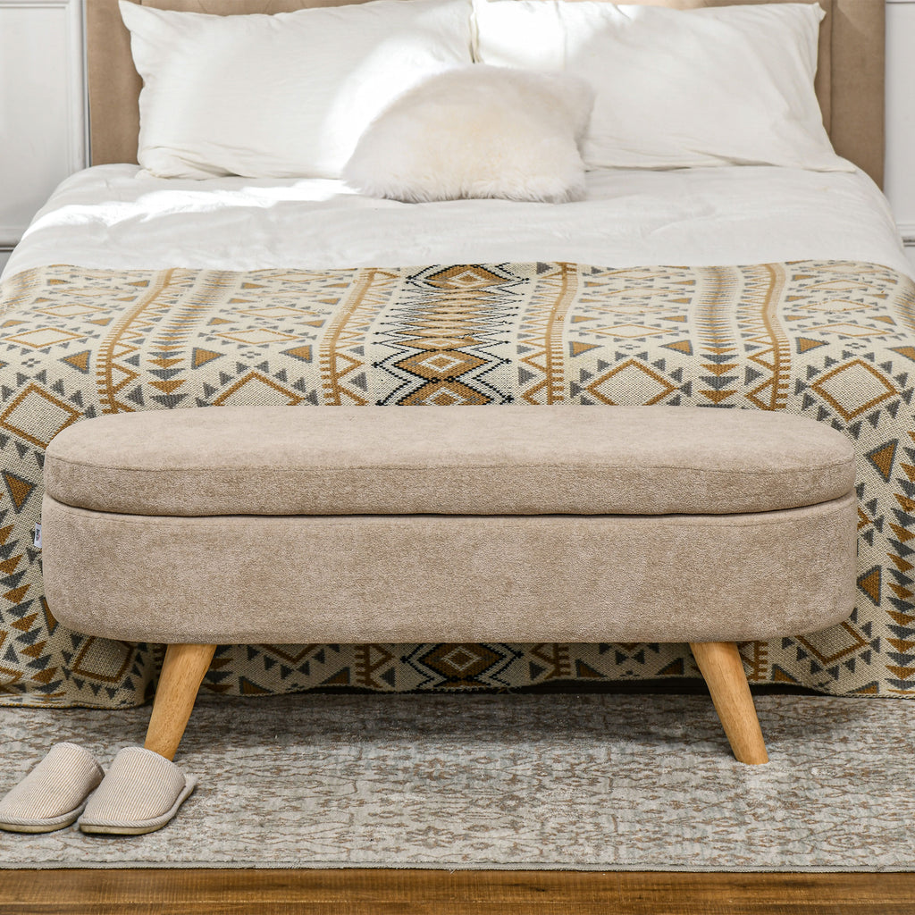 Padded Bed End Bench with Retractable Storage Space, in Wood and Polyester, 110x40x43 cm, Beige