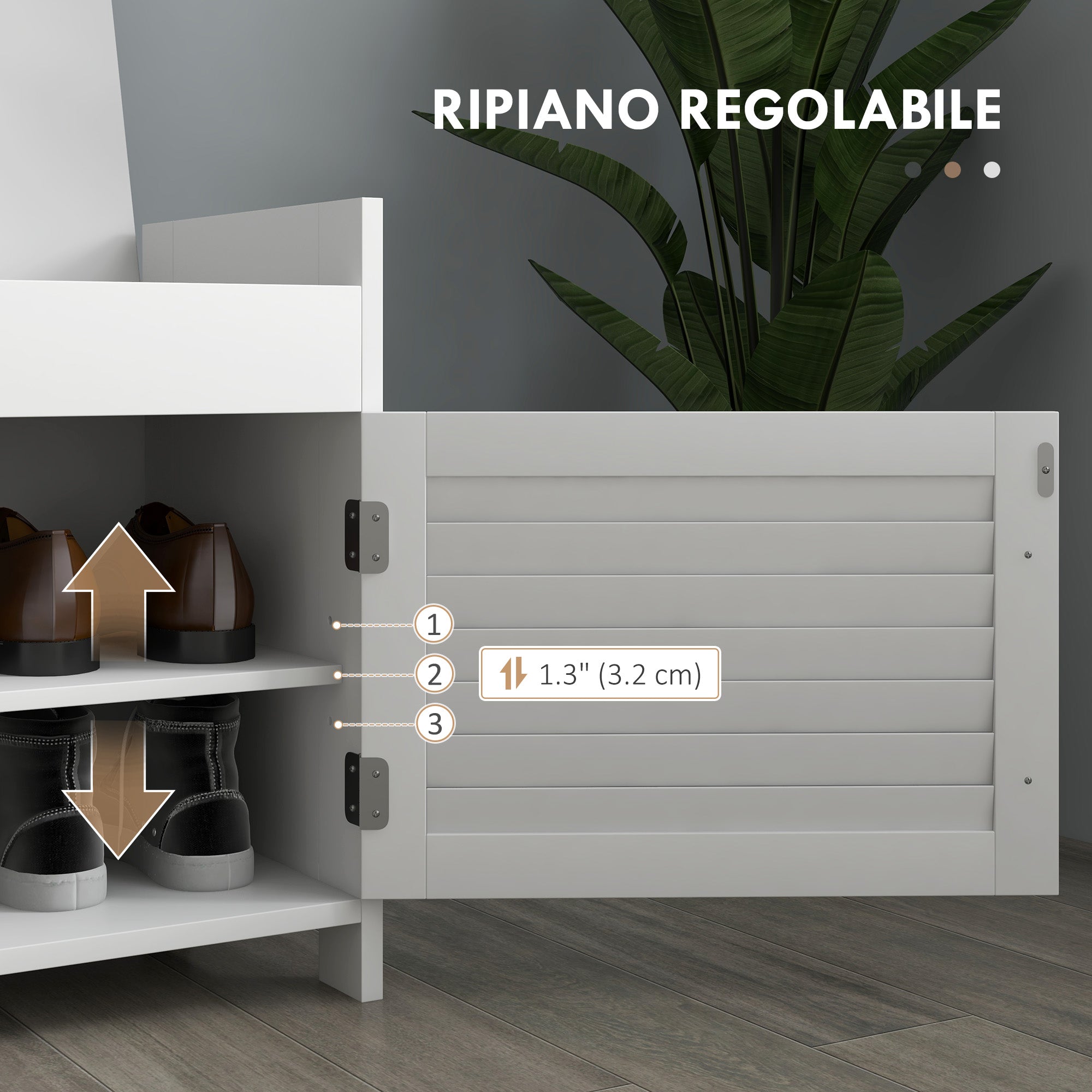 Shoe Bench with Adjustable Internal Shelf on 3 Levels, in MDF and Faux Linen, 90x36x50 cm, White and Grey