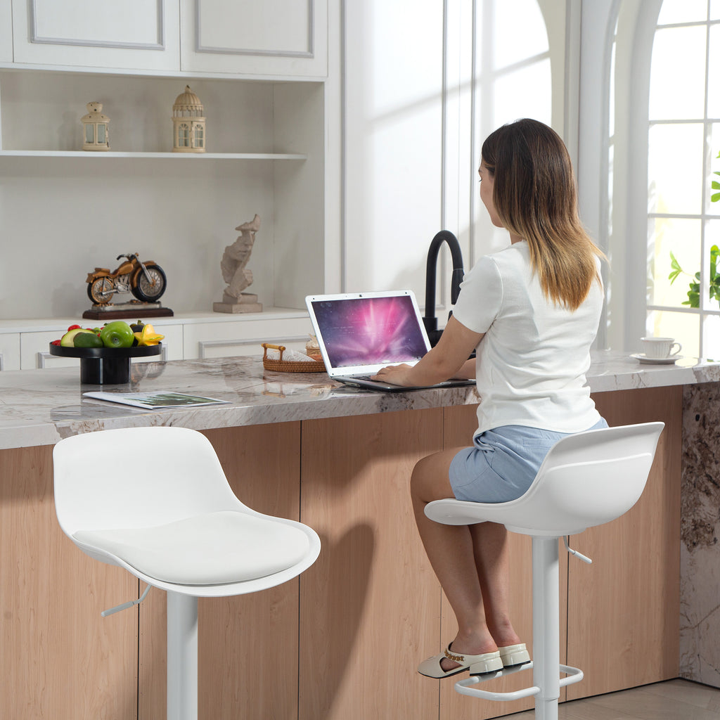 Set of 2 Bar Stools with Backrest, Adjustable Height, Swivel PU Leather Seat and Footrest, White