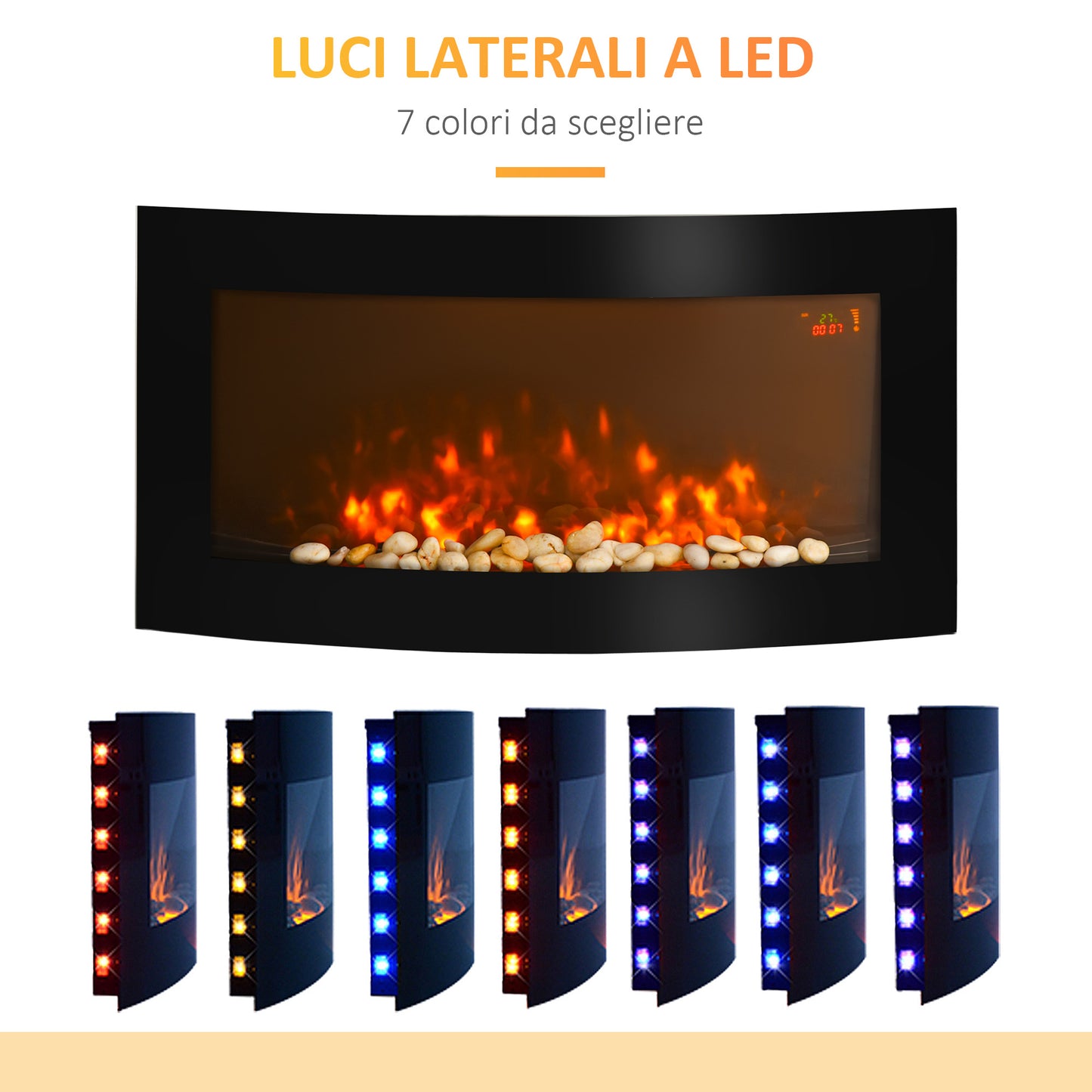 Electric Fireplace Wall and Built-in with 7-Color LED Light, Power 1000/2000W and Temperature 15-30°C, Black